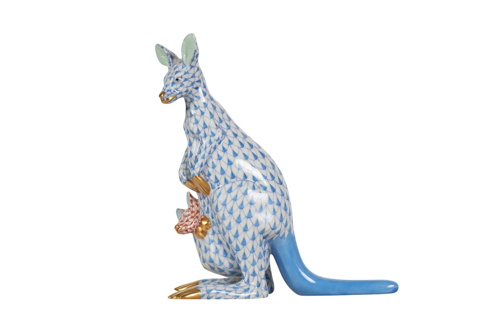 Herend Kangaroo with Joey Blue Fishnet 6" Figurine: Herend Hungary hand-painted porcelain kangaroo with joey figurine. Features the companys signature fish scale decoration in the Blue Fishnet pattern. Depicts a kangaroo with joey, the mother finished 