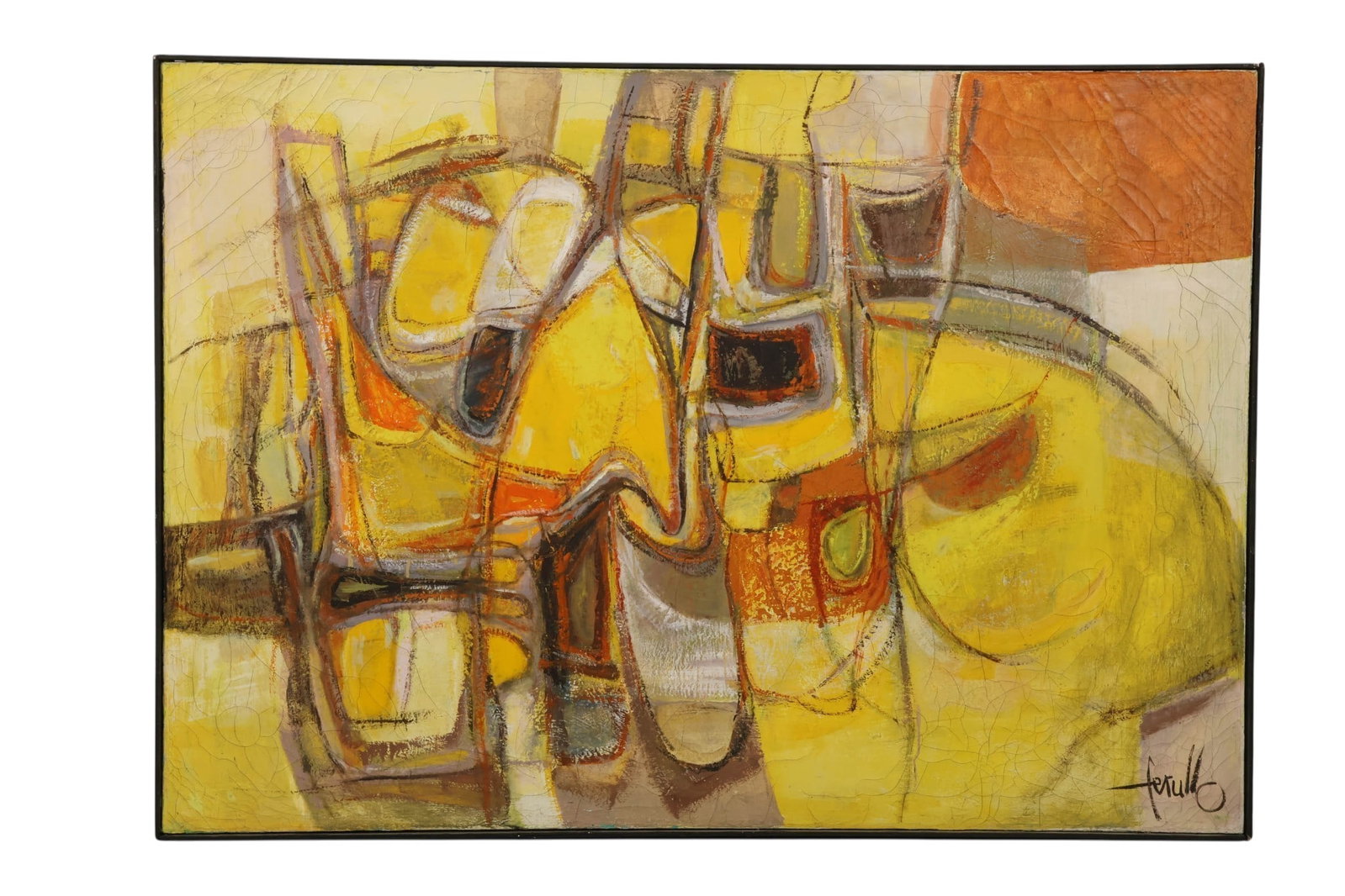 Edith Ferullo 1928-2008 Abstract 1968 Oil Painting: Edith Ferullo (American, 1928-2008), oil on canvas abstract composition featuring a dynamic arrangement of interlocking forms in yellow ochre, cream, and earth tones. Signed in the lower right and is 