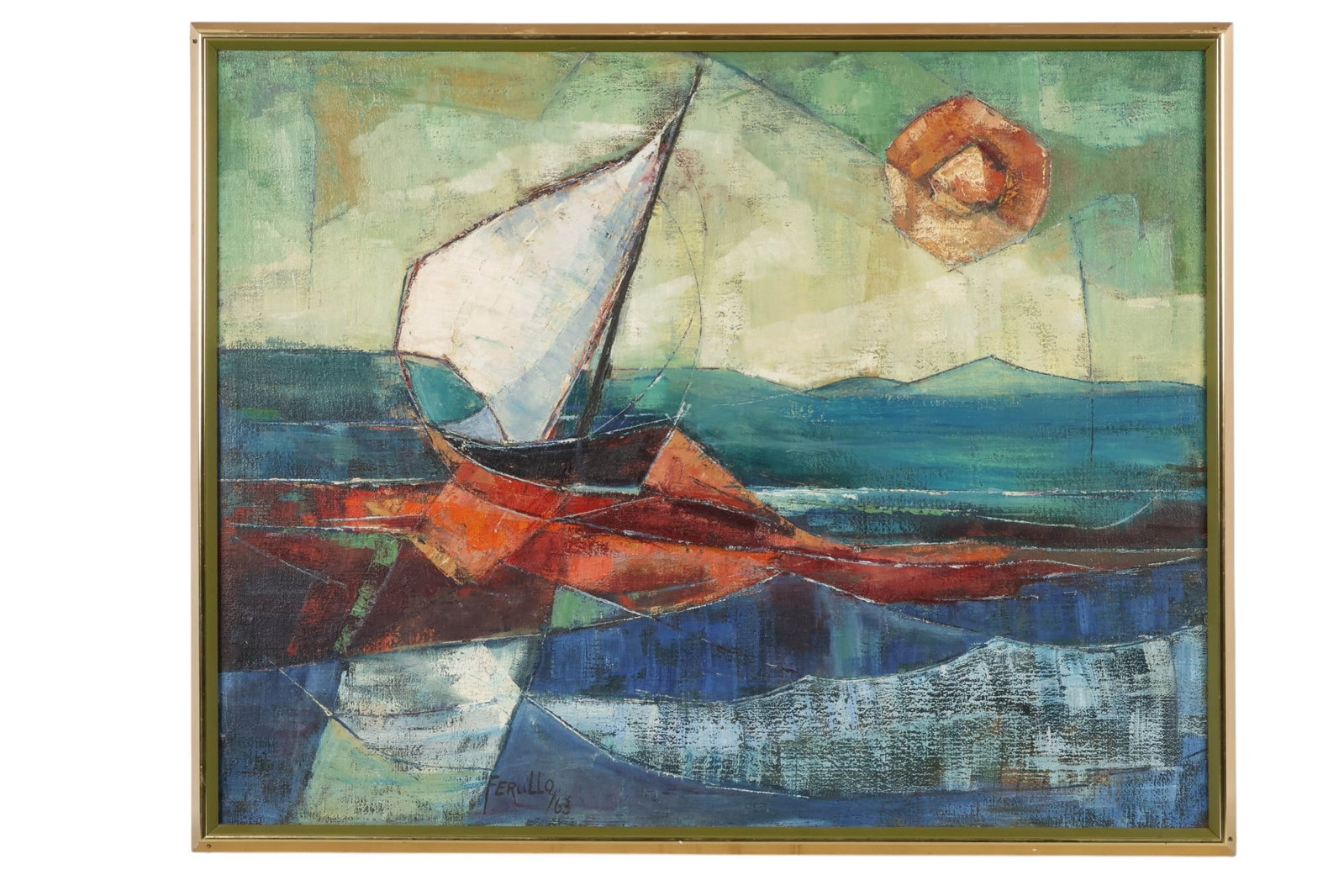 Edith Ferullo 1928-2008 Modern Sailboat Painting: Edith Ferullo (American, 1928-2008). Oil on canvas depicting a modernist sailboat seascape with a stylized vessel rendered in angular forms, set against layered blue waters and distant hills beneath a