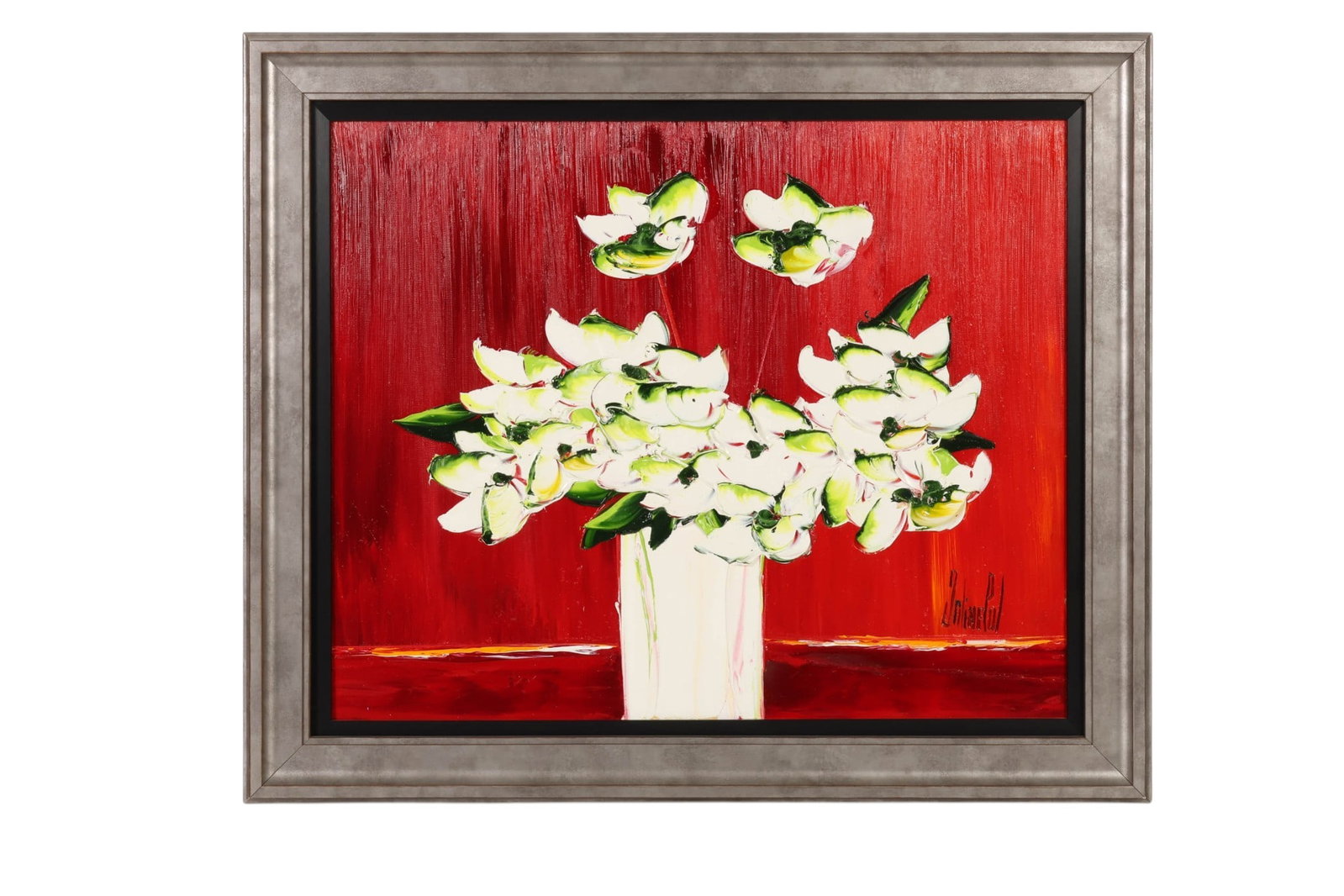 Jaline Pol b.1946 Impasto Still Life Oil Painting: Jaline Pol (French, born 1946), oil on canvas depicting a bouquet of white flowers arranged in a vase set against a vivid red background. Executed in a bold impasto technique, the still life compositi