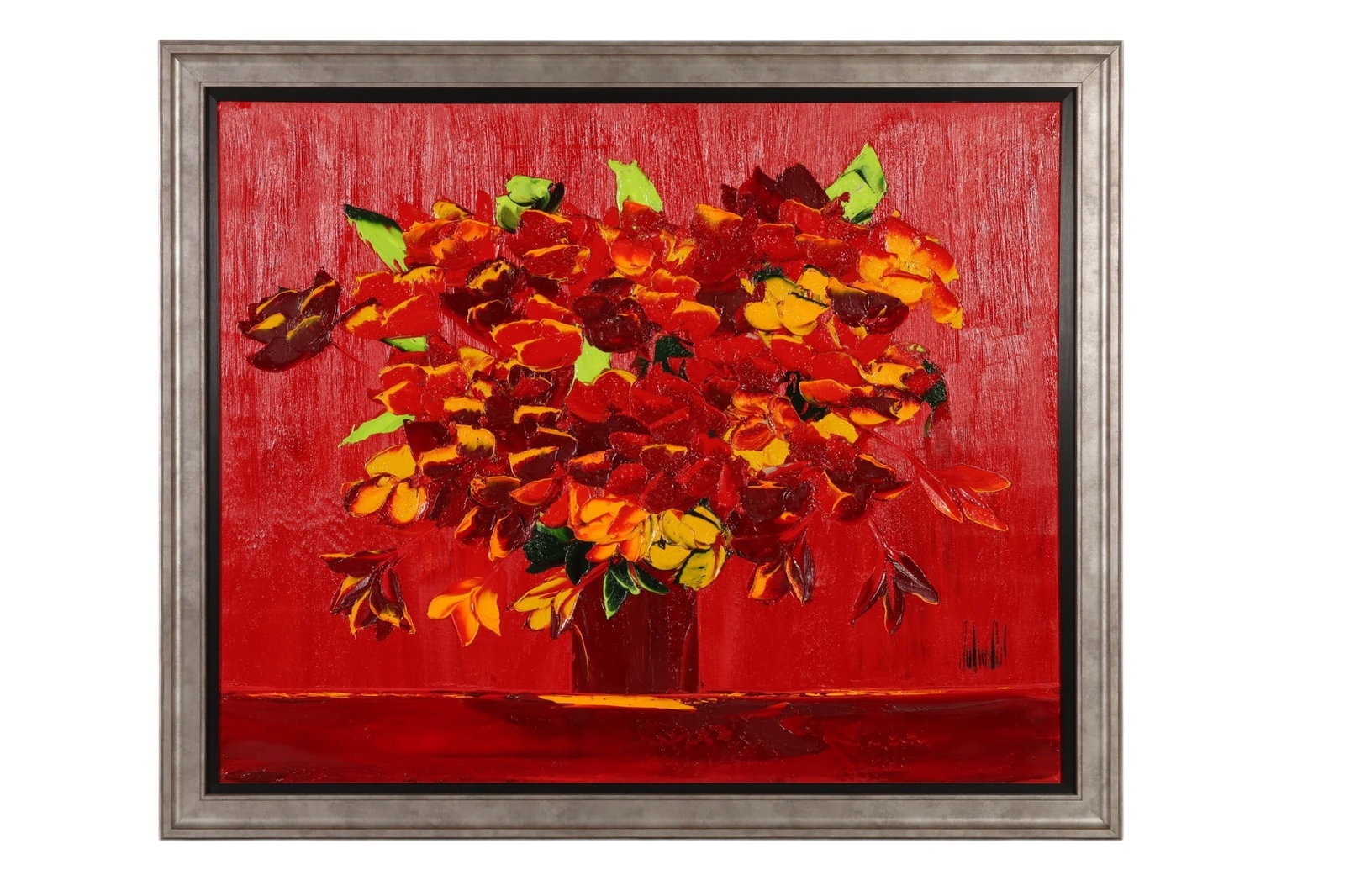 Jaline Pol b.1946 Impasto Still Life Oil Painting: Jaline Pol (French, born 1946), oil on canvas depicting a bouquet of red and yellow flowers arranged in a vase against a bold red ground. Executed in a thick impasto technique, the still life composit