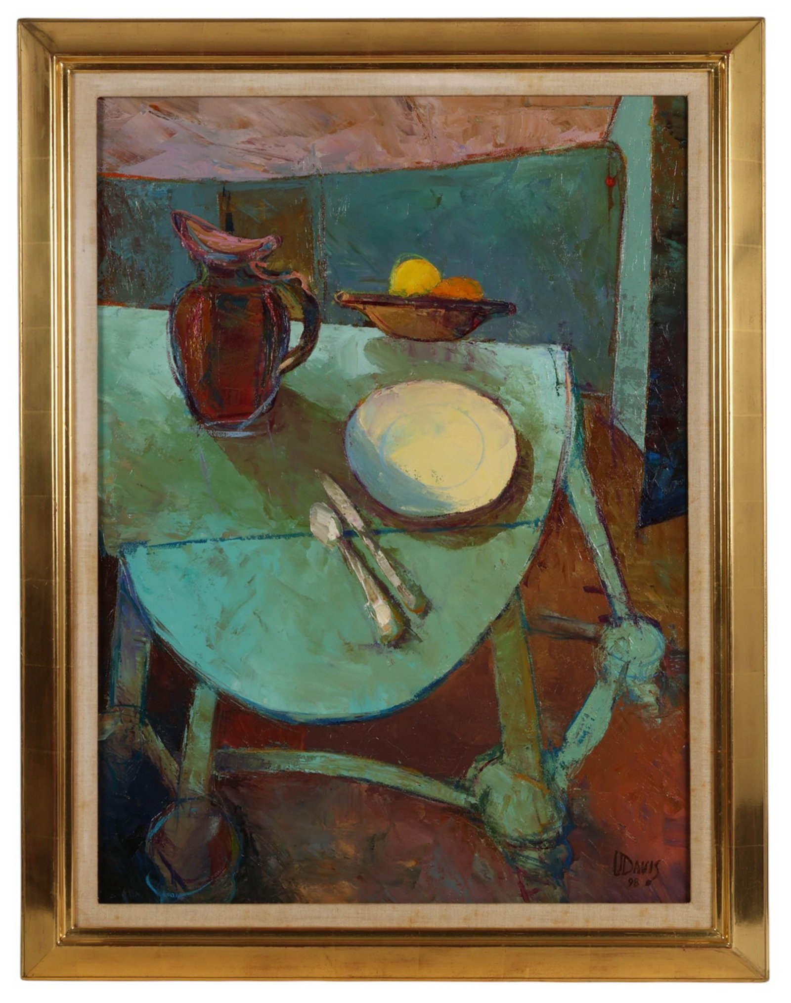 Larry J Davis 20C Modern Still Life Oil Painting: Larry J. (Jon) Davis (American, 20th century), oil on canvas still life depicting a tabletop composition with a stylized arrangement of a ceramic pitcher, bowl, and citrus fruit set upon a draped tabl