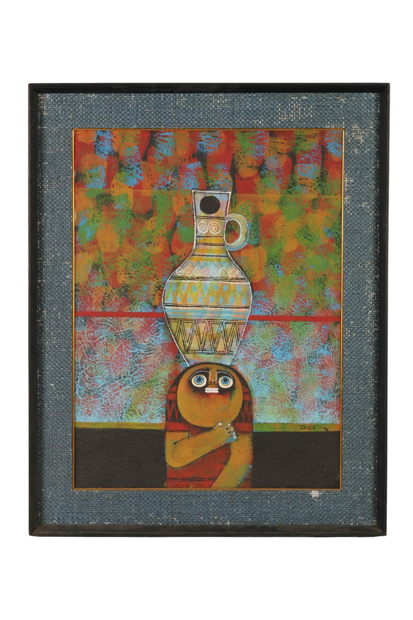 Dizon b.1969 Abstract Figural Still Life Painting: Boy Dizon (Filipino, born 1969), oil on canvas composition depicting a stylized still life with a figure balancing a decorative vessel on their head, executed in textured coloration of red, blue, gree