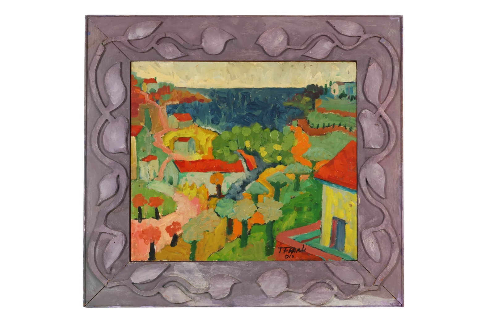 Seaside Landscape Impressionism Painting SIGNED: Impressionist landscape painting executed in oil on board, depicting a stylized hillside village with a winding path, clustered houses, and vibrant trees rendered in bold, expressive brushwork. The wo