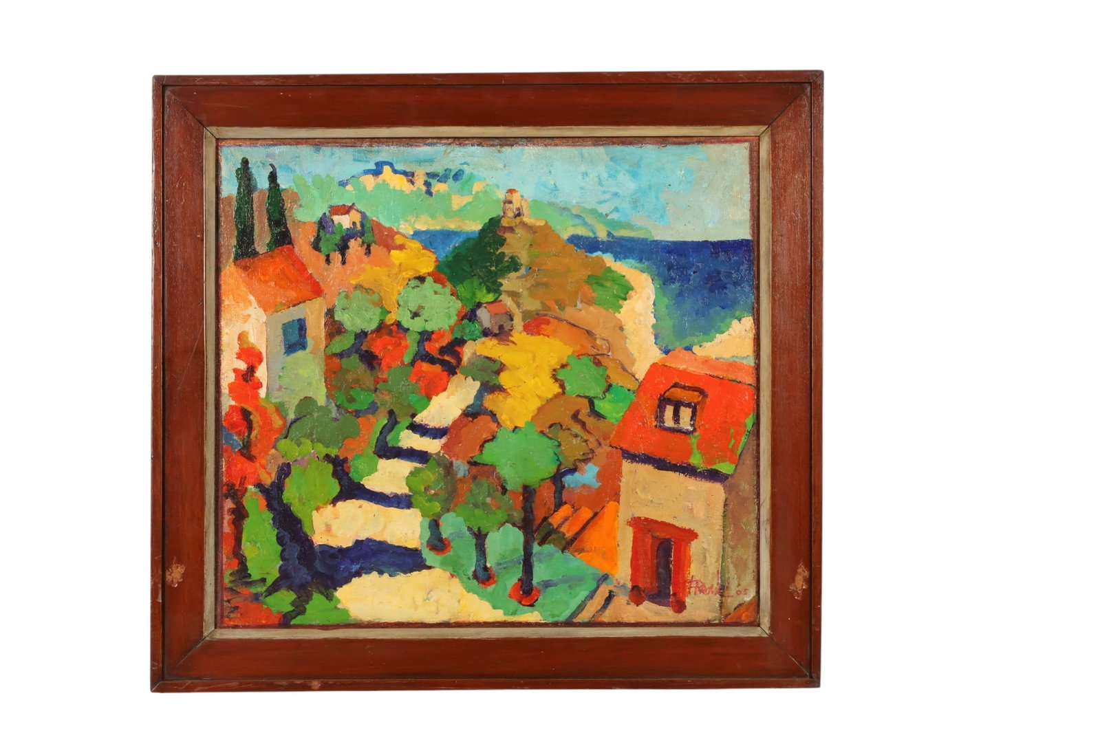 Impressionist Coastal Village Oil Painting SIGNED: Impressionist coastal village scene rendered in oil on canvas mounted on board, depicting a colorful Mediterranean-style landscape with clustered houses, winding paths, and cypress trees overlooking a