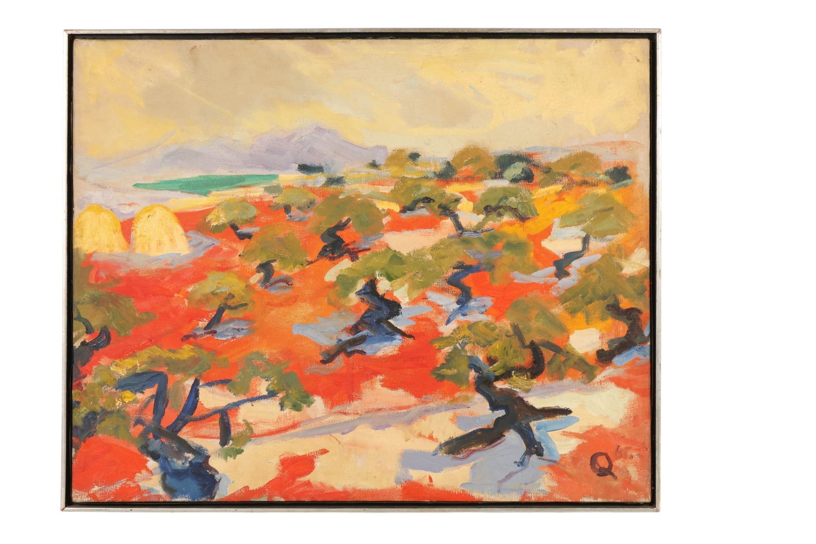 Impressionist 1965 Ibiza Landscape Painting SIGNED: Impressionist landscape oil painting on canvas depicting a countryside scene in Ibiza, Balearic Islands, Spain, with stylized trees, rolling terrain, and distant mountains beneath a soft sky. Executed