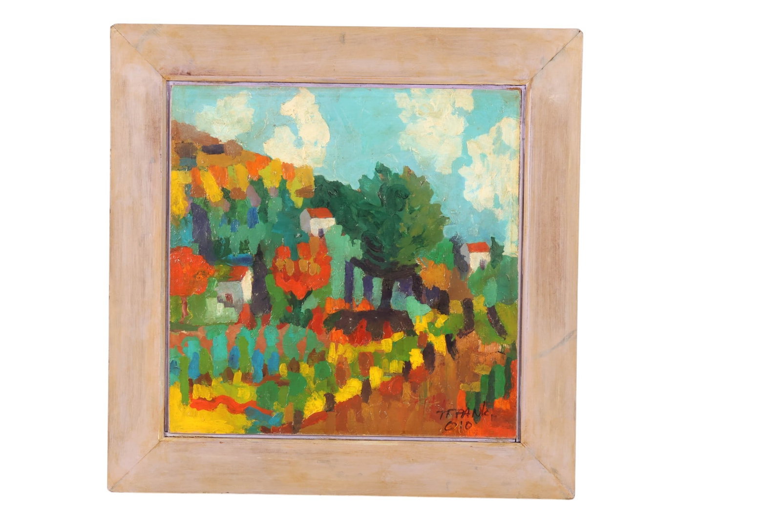 Impressionist Hillside Landscape Painting SIGNED: Impressionist landscape painting executed in oil on board, depicting a colorful village scene with clustered houses, trees, and rolling terrain beneath a bright sky with stylized clouds. The work is s