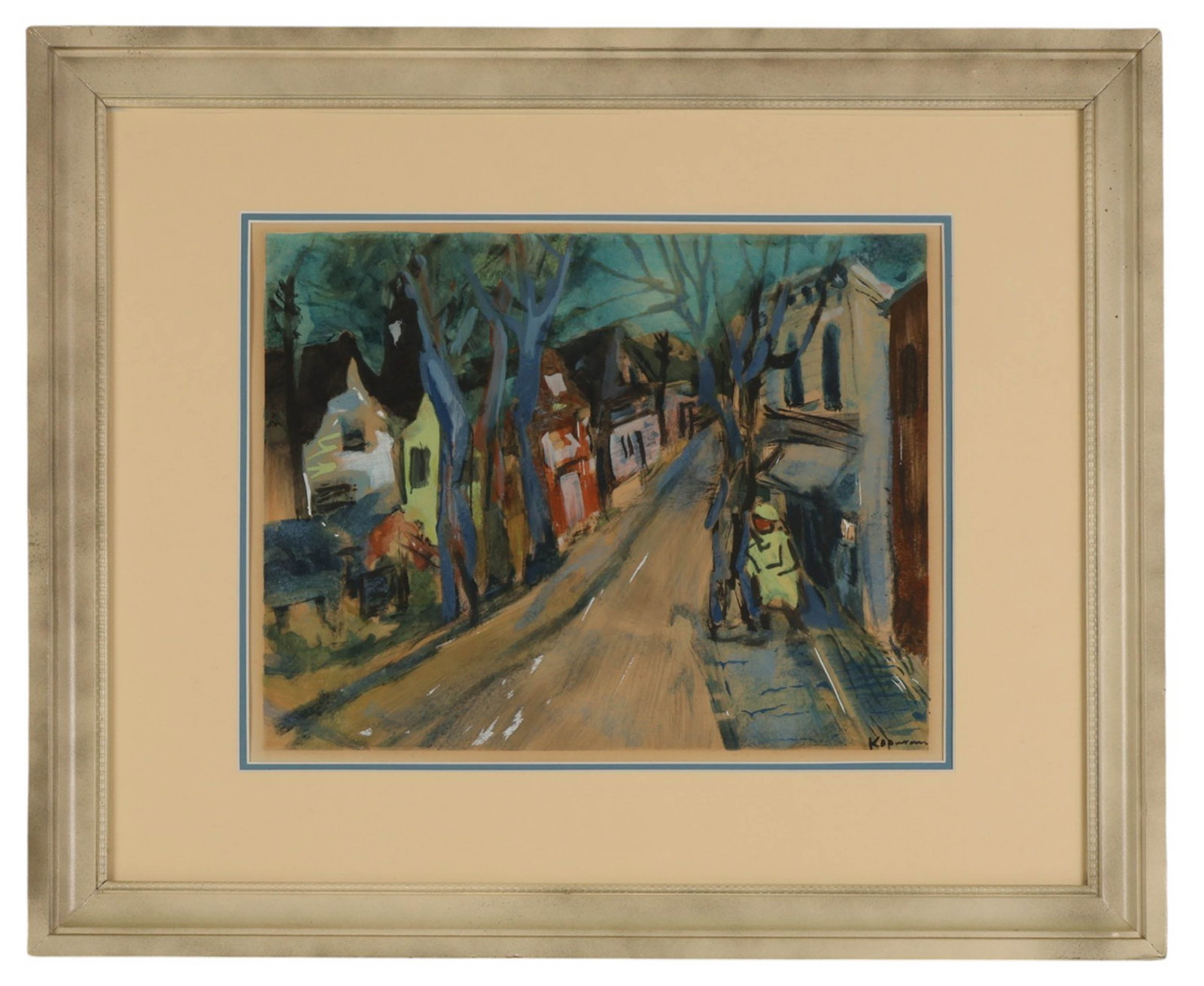 Benjamin Kopman 1887-1965 Watercolor Street Scene: Benjamin Kopman (Russian-American, 1887-1965), watercolor painting on paper depicting a stylized street scene with a winding road flanked by houses and trees, rendered in an expressive manner with bol