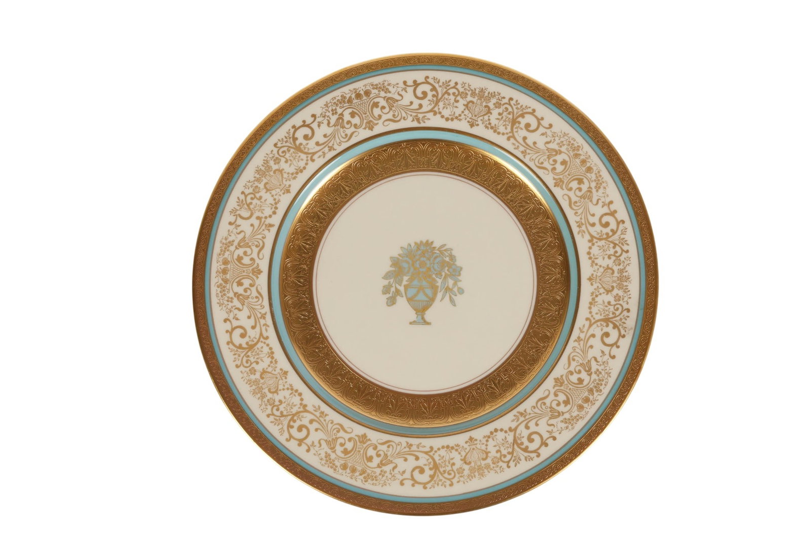 Black Knight Gilt Porcelain Dinner Plates 12pc SET: Set of 12 Black Knight porcelain dinner plates featuring elaborate gilt decoration with intricate scrolling foliate motifs and a central urn with floral arrangement. Each plate is accented with a soft