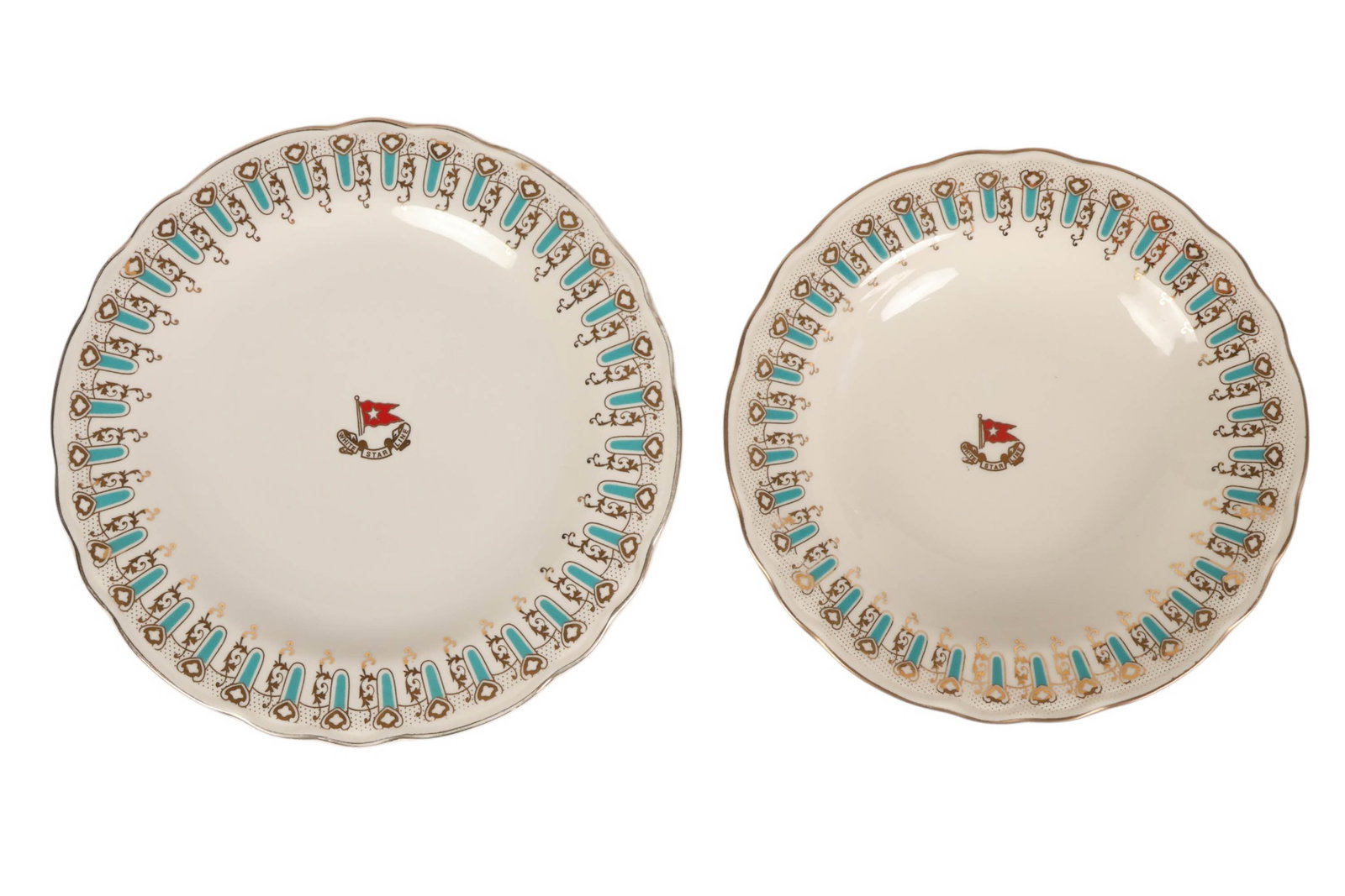 White Star Line Titanic Dinner Plate and Bowl LOT: White Star Line Lexington porcelain dinner plate and bowl featuring the iconic White Star Line flag emblem at the center. Each piece is decorated with an ornate border of turquoise panels and gilt scr
