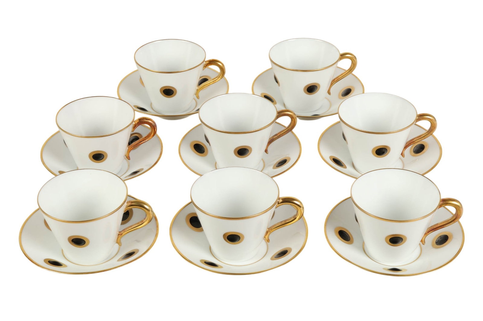 Bernardaud Limoges Lipari Cups and Saucer 16pc SET: 16-piece Bernardaud Limoges porcelain cup and saucer set in the Ithaque pattern with black dots, designed by Olivier Gagnere, showcasing the makers signature blend of modern design and fine French cra