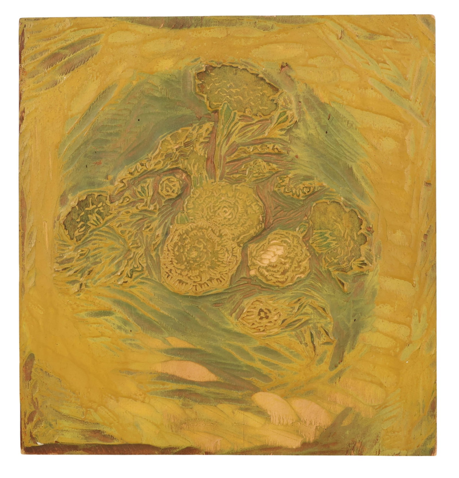 Gustave Baumann 1881-1971 Carved Floral Woodblock: Gustave Baumann (German, 1881-1971), carved woodblock printing plate featuring a floral composition with clustered blossoms and foliage rendered in expressive relief carving. The surface retains areas