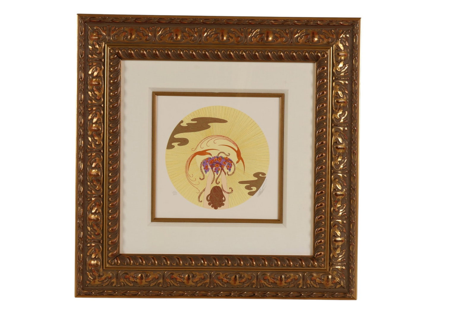 Erte (1891-1990) NOON Figural LE Serigraph SIGNED: Erte (Romain de Tirtoff) (Russian-French, 1892-1990), Noon, color serigraph on paper. Depicts an Art Deco style stylized female figure with ornamental detailing set against a radiant circular backdrop