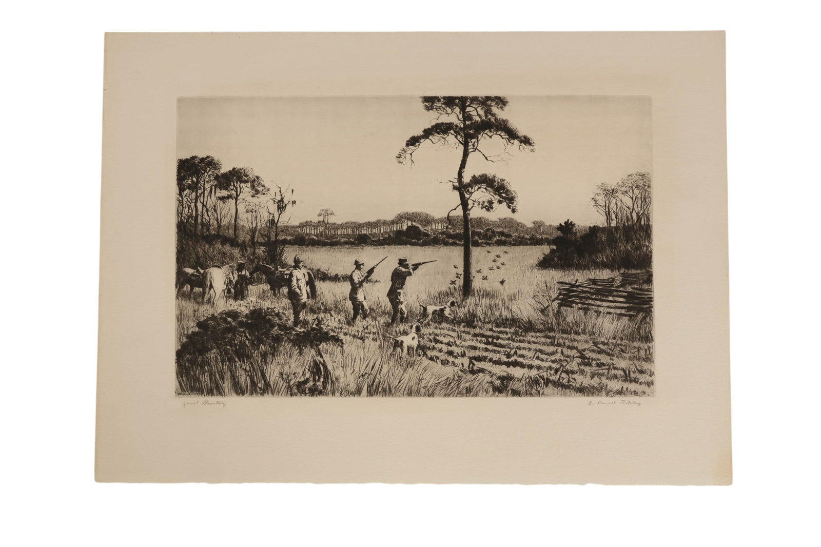 Aiden Ripley 1896-1969 Hunt Scene Engraving SIGNED: Aiden Ripley (American, 1896-1969), Quail Shooting, etching on paper depicting a sporting scene with hunters in a marsh landscape accompanied by dogs and horses. The work is signed in pencil lower rig