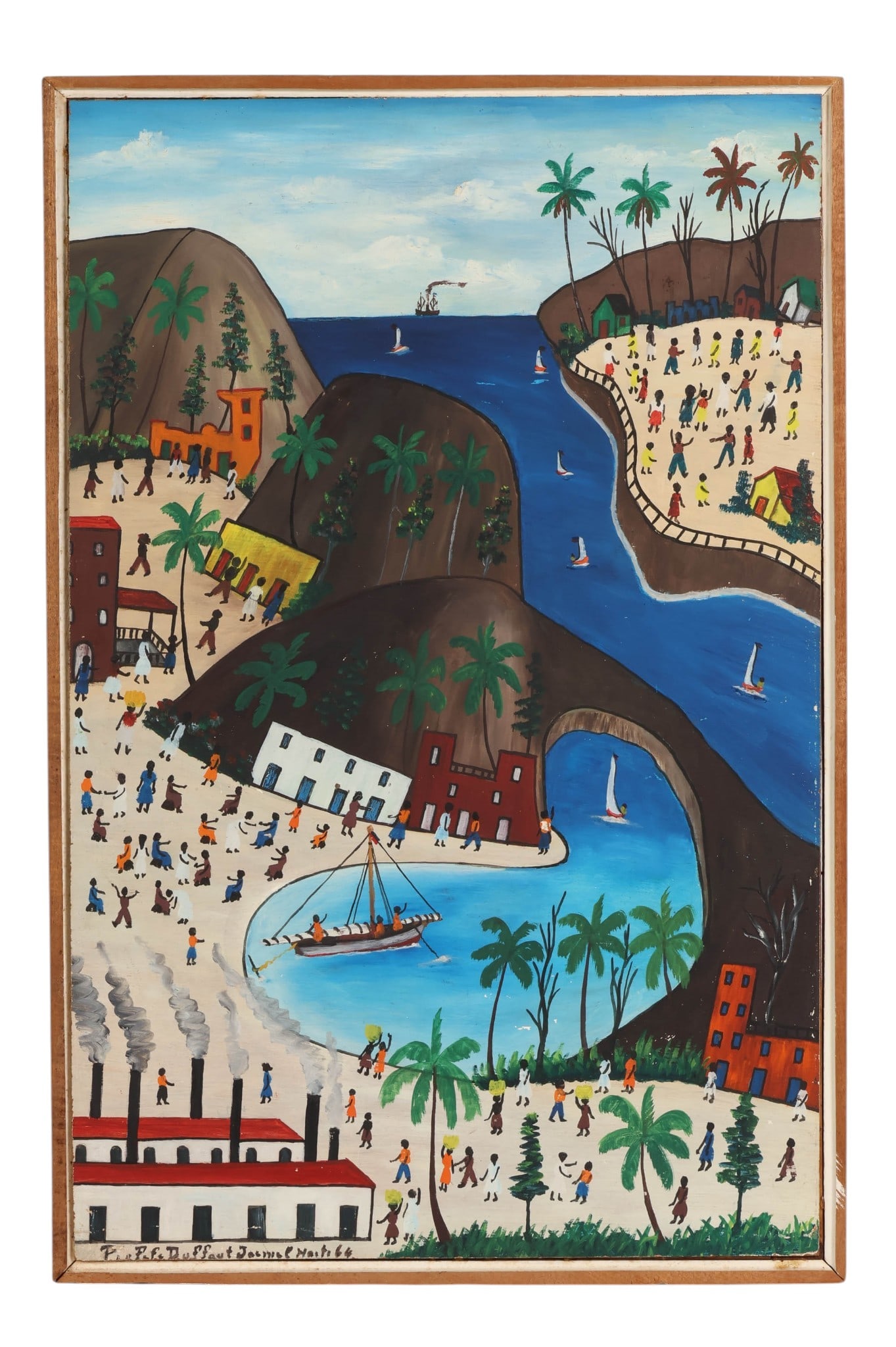 Prefete Duffant 1923-2012 Village Scene Painting: Prefete Duffaut (Haitian, 1923-2012), oil on board painting depicting a bustling coastal village scene. The composition features a lively narrative with numerous figures engaged in daily activities, s