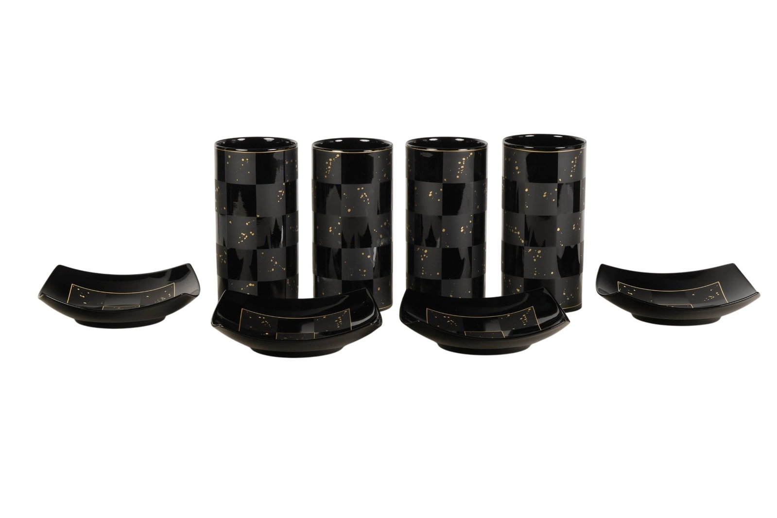 Rosenthal Studio Line Black Gold Plate & Vase LOT: Eight-piece lot of Rosenthal Studio Line porcelain tableware, including four cylindrical vases and four square dishes. Each piece features a glossy black ground decorated with a geometric checkerboard