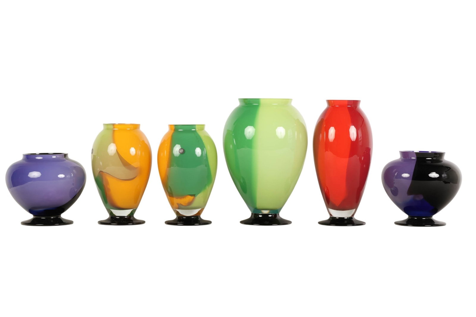Rosenthal Studio Line Color Fire Glass Vase 6p LOT: Lot of six Rosenthal Studio Line Color Fire art glass vases in a range of vibrant gradient hues, including blue, green, yellow, red, and deep cobalt tones. Each vase is of rounded baluster or squat fo