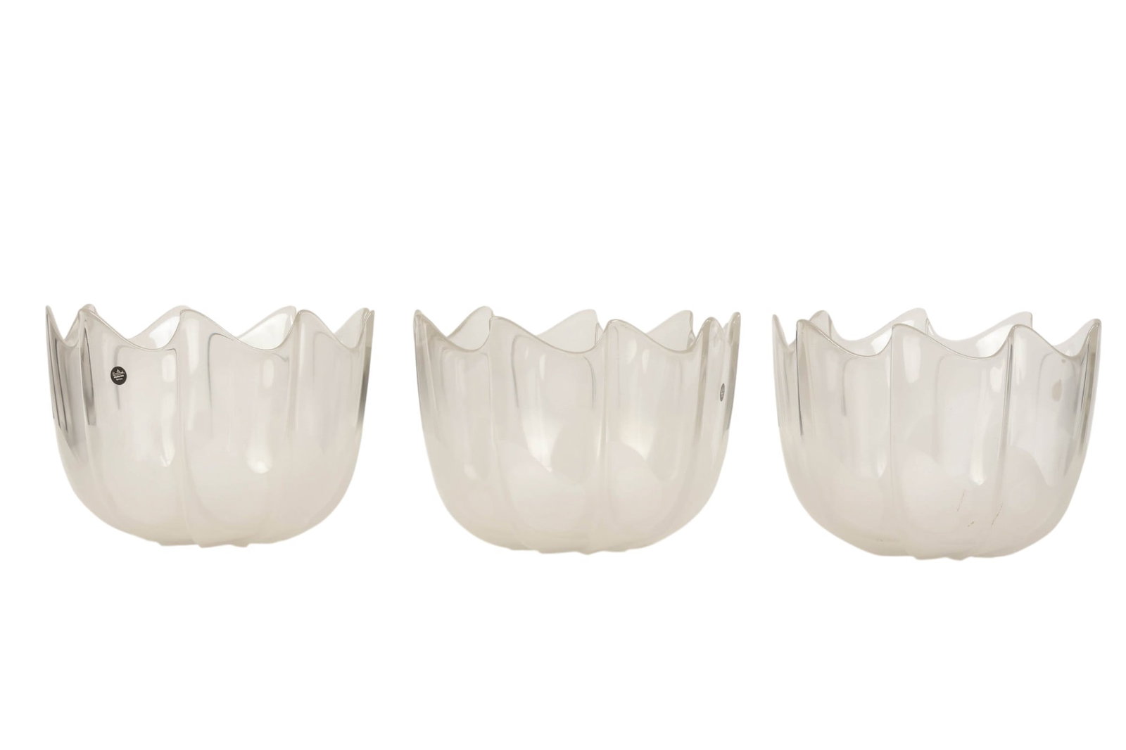 Rosenthal Studio Line Glass Ice Dew Bowls 3pc LOT: Set of three Rosenthal Studio Line Ice Dew pattern frosted art glass bowls featuring sculptural freeform undulating rims and a softly textured translucent finish. Designed in Germany, with a modernist