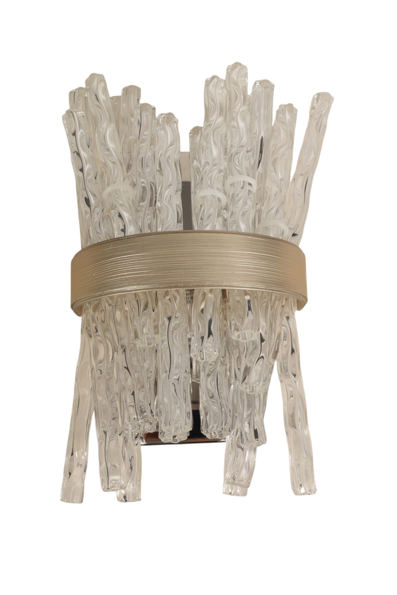 Modern Pair of Vertical Glass Rods Wall Sconces: Pair of modern indoor wall-mounted light fixtures featuring multiple cylindrical molded glass rods set vertically, creating a cascading icicle effect. The clear art glass elements are secured within b
