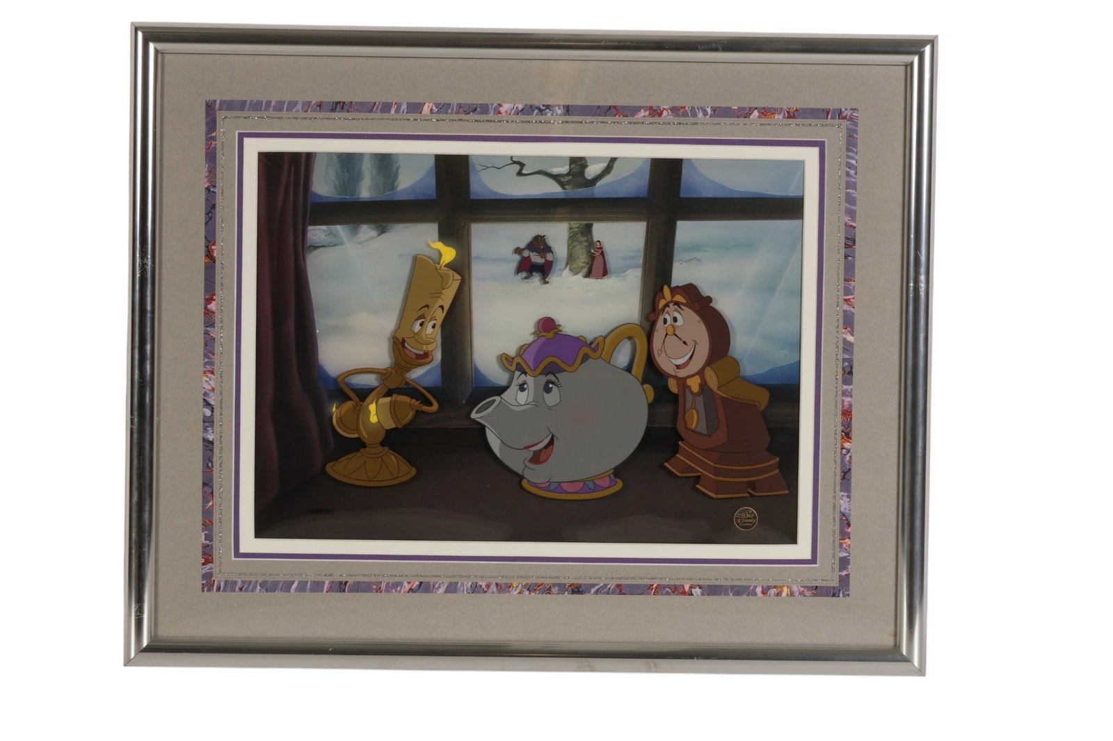 Disney Beauty Beast Lumiere & Cogsworth Cel w/ COA: Walt Disney Company, limited edition painted animation cel depicting Lumiere Cogsworth and Mrs. Potts with Belle and Beast in the background from "Beauty and the Beast." Numbered 183/500 lower left wi