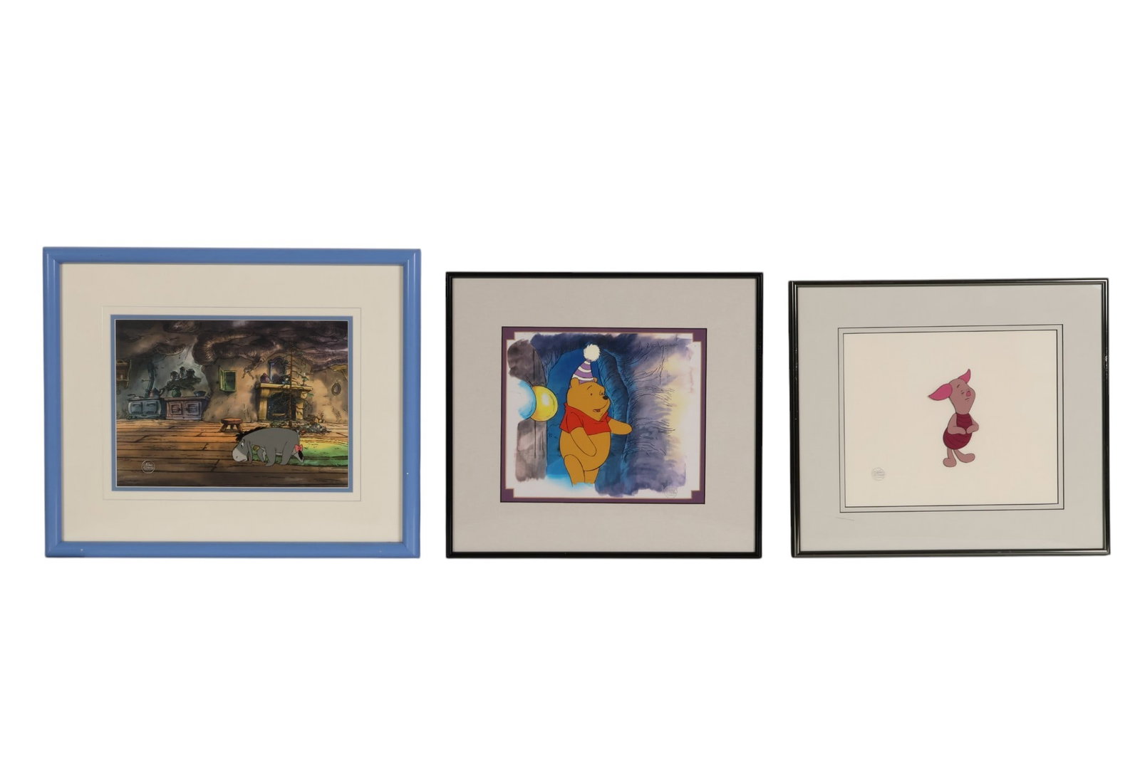 Disney Winnie The Pooh, Piglet and Eeyore Cel LOT: Group of three Walt Disney Company animation production cels from The New Adventures of Winnie the Pooh. Including examples featuring Eeyore, Winnie the Pooh, and Piglet. All have the Walt Disney Comp