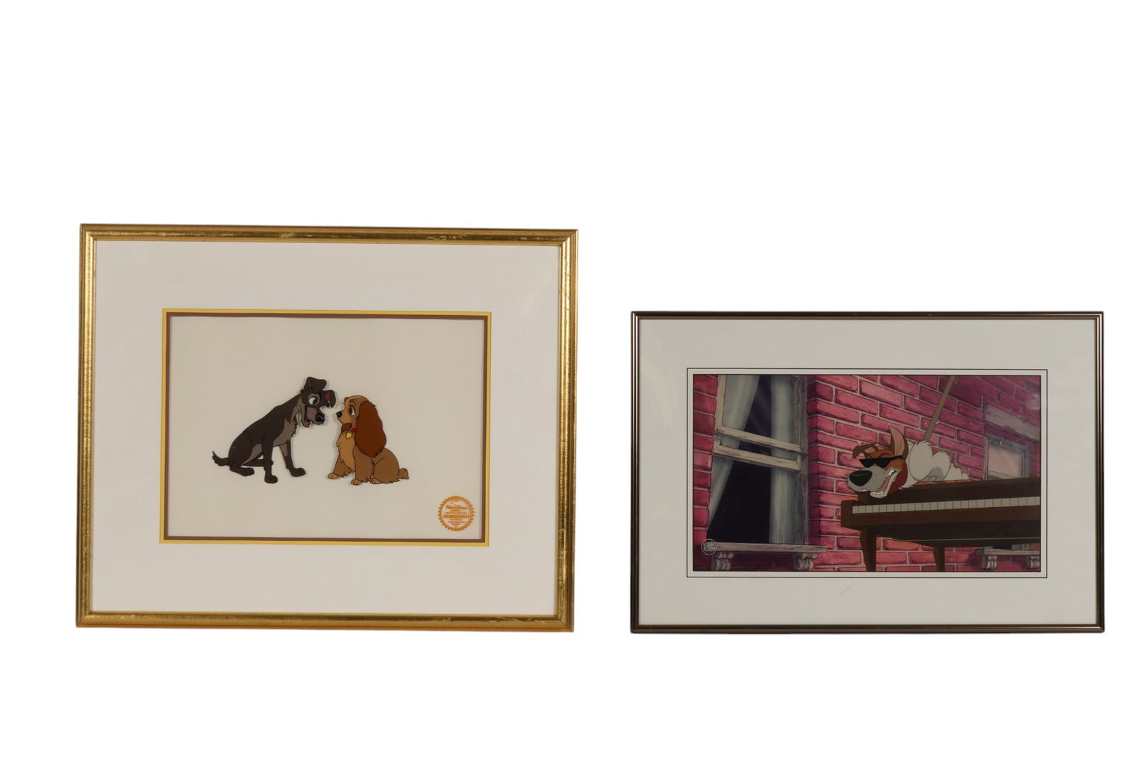 Disney Oliver & Co Lady & Tramp Animation Cel LOT: Walt Disney Company Animation Cels, lot of two. Includes an Oliver and Company painting that was used in the above noted film, accompanied by related paperwork. The other is a colored Serigraph Cel fr