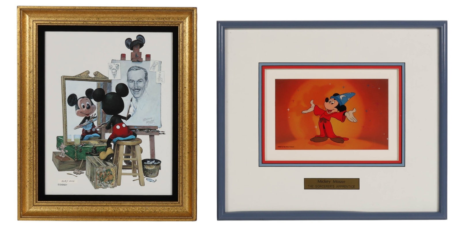 Mickey Mouse Animation Cell & Ceramic Picture LOT: Two Disney Mickey Mouse limited edition artworks, including a limited edition animation cel from Sorcerers Apprentice, dated 1988 lower left, and a color lithograph image on a ceramic tile titled Self