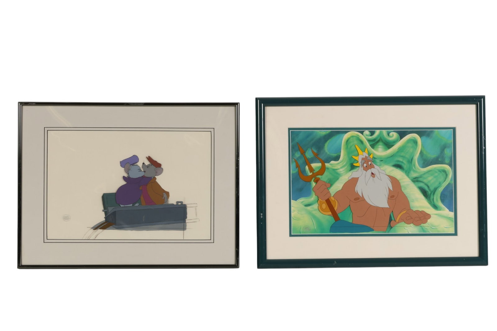 Disney Little Mermaid & The Rescuers Animation Cel: Walt Disney animation sericel animation artwork, lot of two. Includes a hand painted example from The Little Mermaid portraying King Triton with trident, having the Disney company studio stamp. Accomp