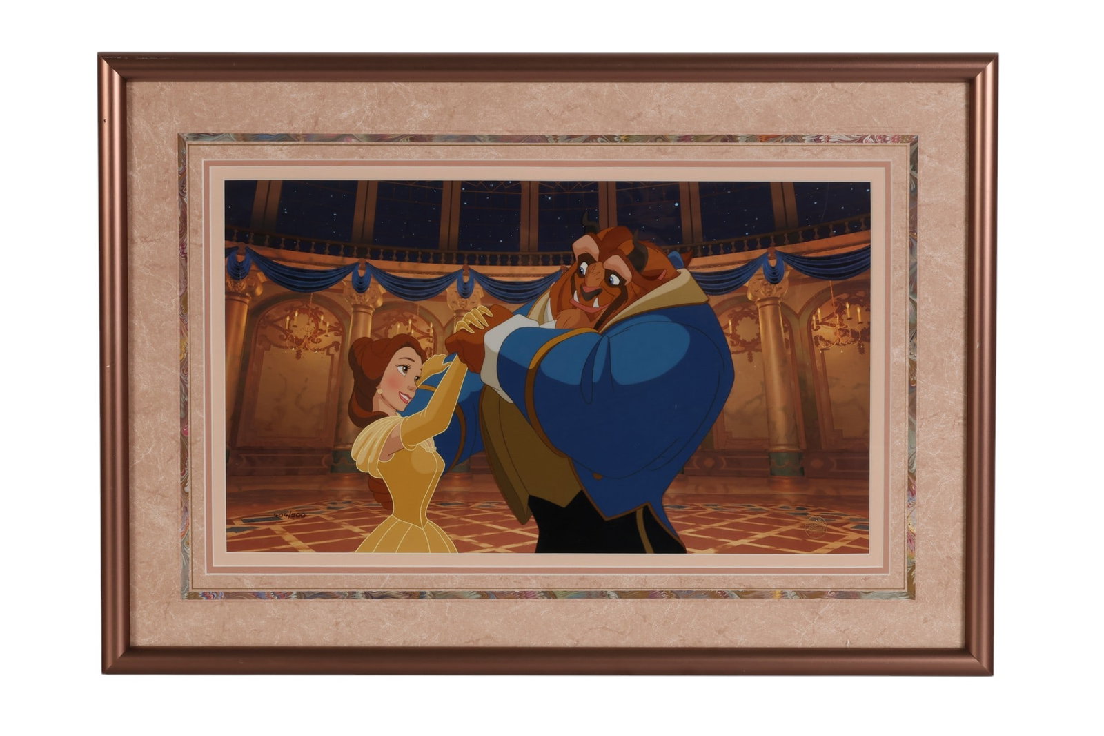 Disney Beauty and Beast Ballroom Dancing Cel w COA: Walt Disney Company, limited edition painted animation cel titled "Ballroom Dancing" depicting Belle and Beast from "Beauty and the Beast." Numbered 404/500 lower left and published in 1993 with Disne