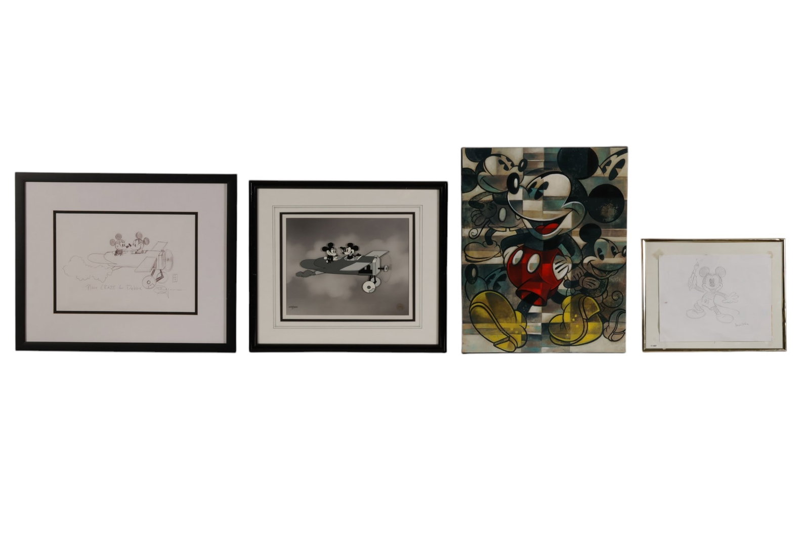 Walt Disney Mickey & Minnie Mouse Animation 4p LOT: Group of four Walt Disney works. Includes a limited edition Plane Crazy hand painted serigraph cel depicting Mickey and Minnie in an airplane, numbered 240/350, with Walt Disney Company seal and certi