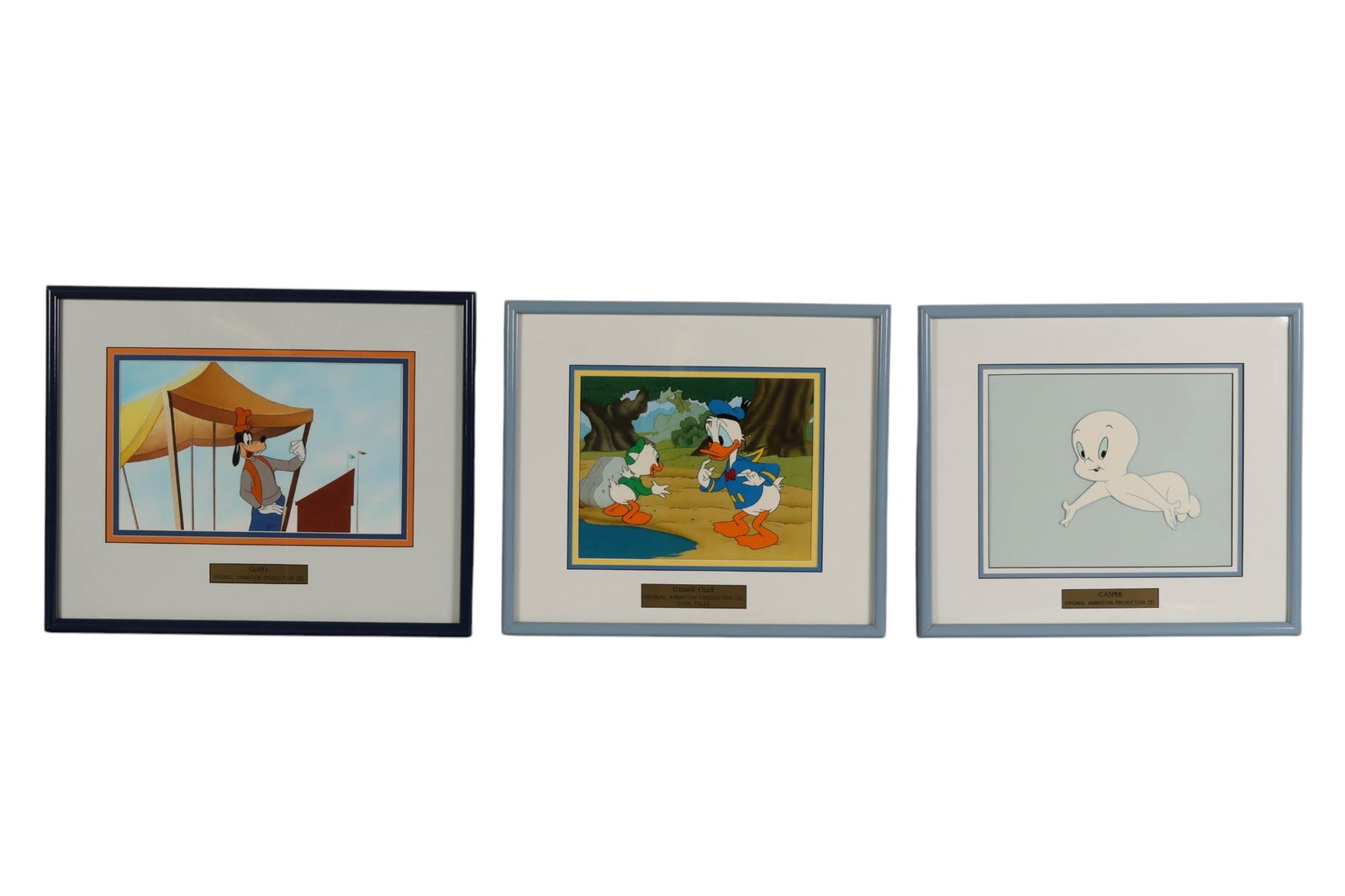 Disney Casper Donald Duck Goofy Animation Cel LOT: Lot of three Walt Disney Productions and Famous Studios hand-painted animation production cels. Includes Donald Duck from DuckTales, Goofy, and Casper the Friendly Ghost. Each is presented with a back