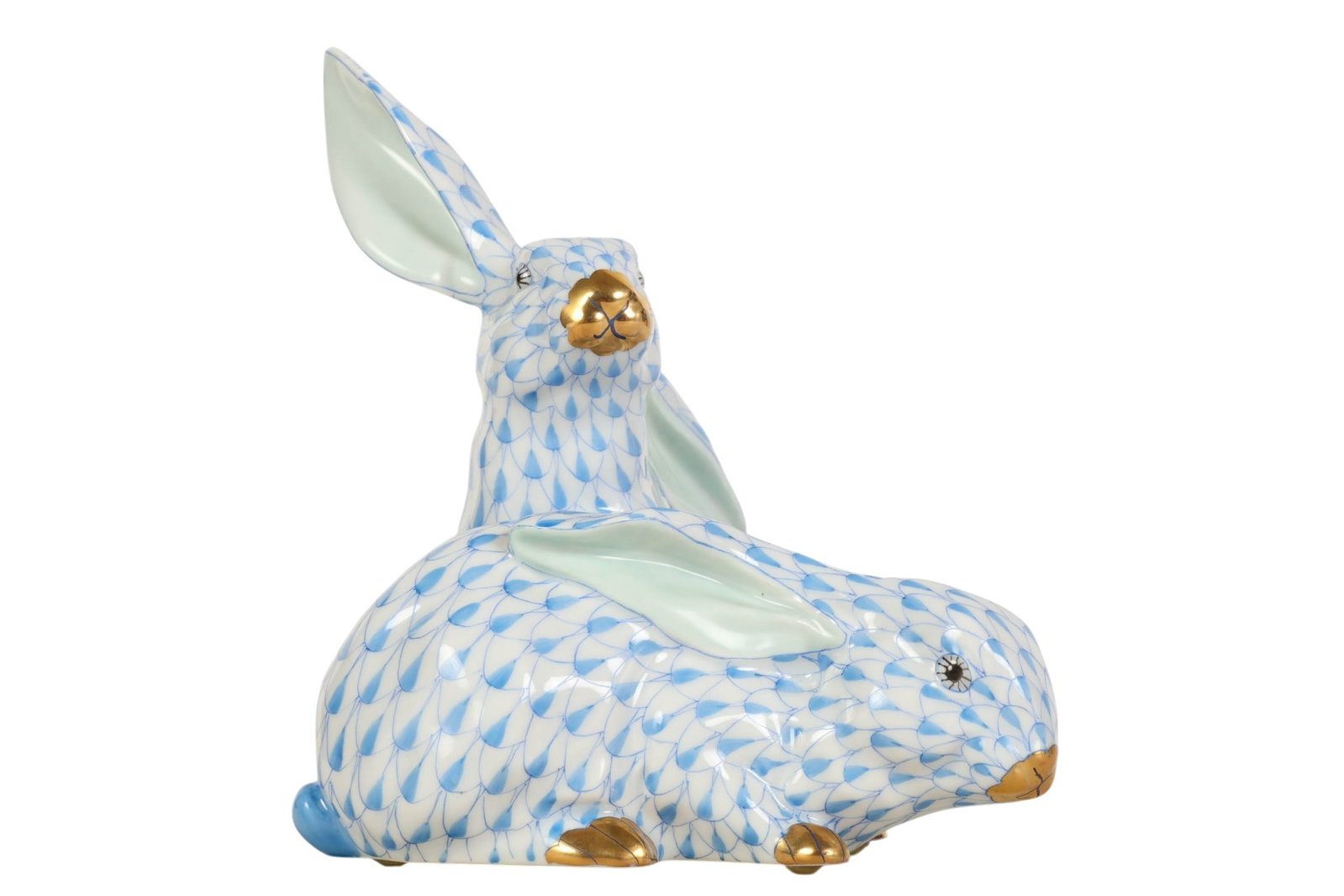 Herend Rabbit Pair Blue Fishnet Porcelain Figurine (1 of 6)