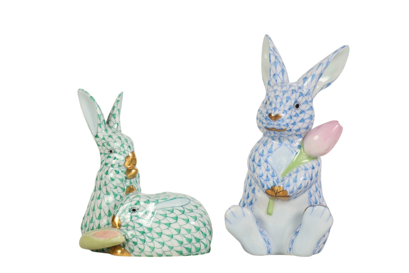 Herend Blue and Green Fishnet Rabbit Figurines LOT (1 of 6)