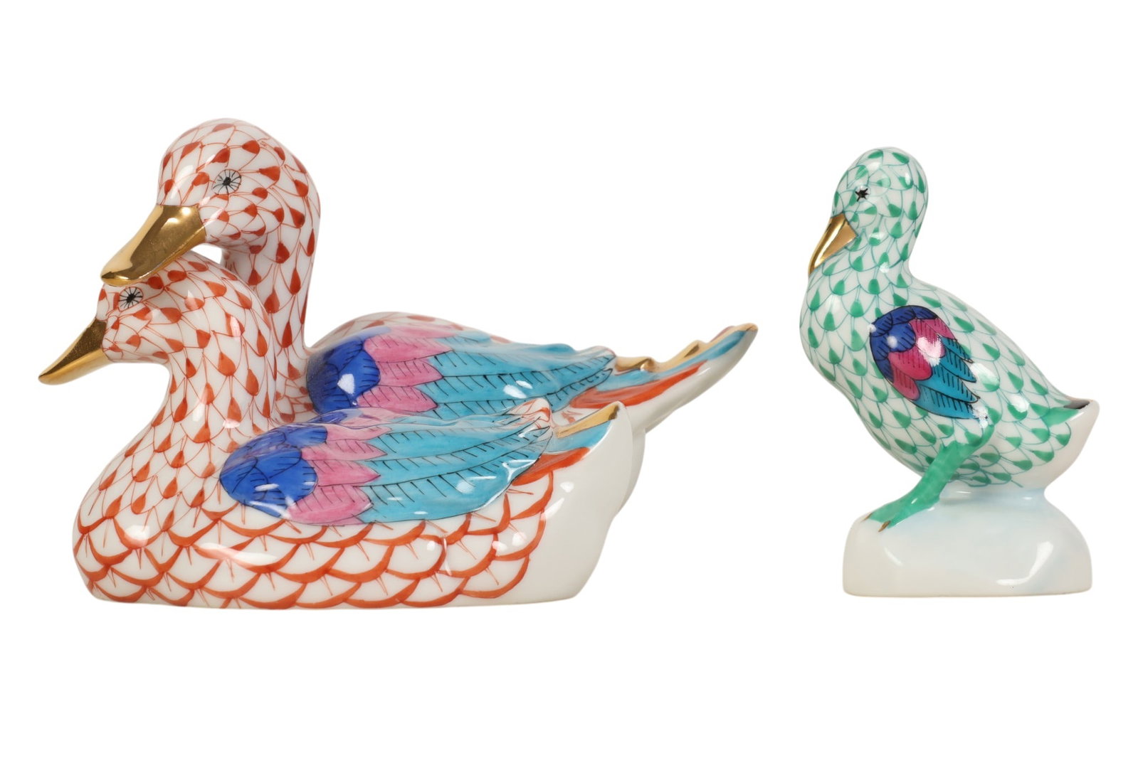 Herend Rust & Green Fishnet Duck Porcelain Figures (1 of 6)
