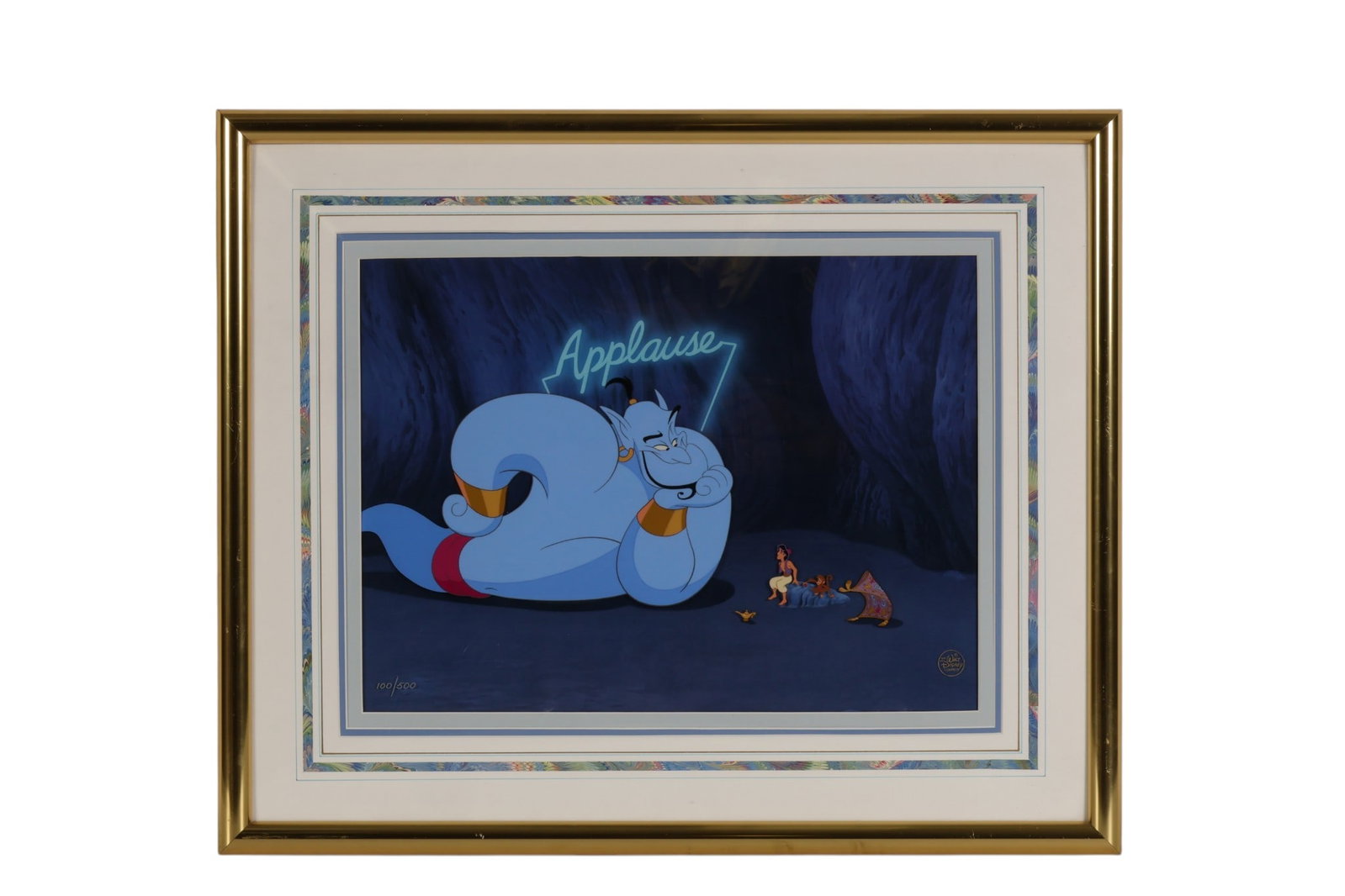 Disney Aladdin & Genie Friends Like Me Painted Cel: Walt Disney Company, limited edition hand painted character animation cel depicting Genie with Aladdin Abu and the magic lamp from "Aladdin" (1992) titled "Friend Like Me." Numbered 100/500 with studi