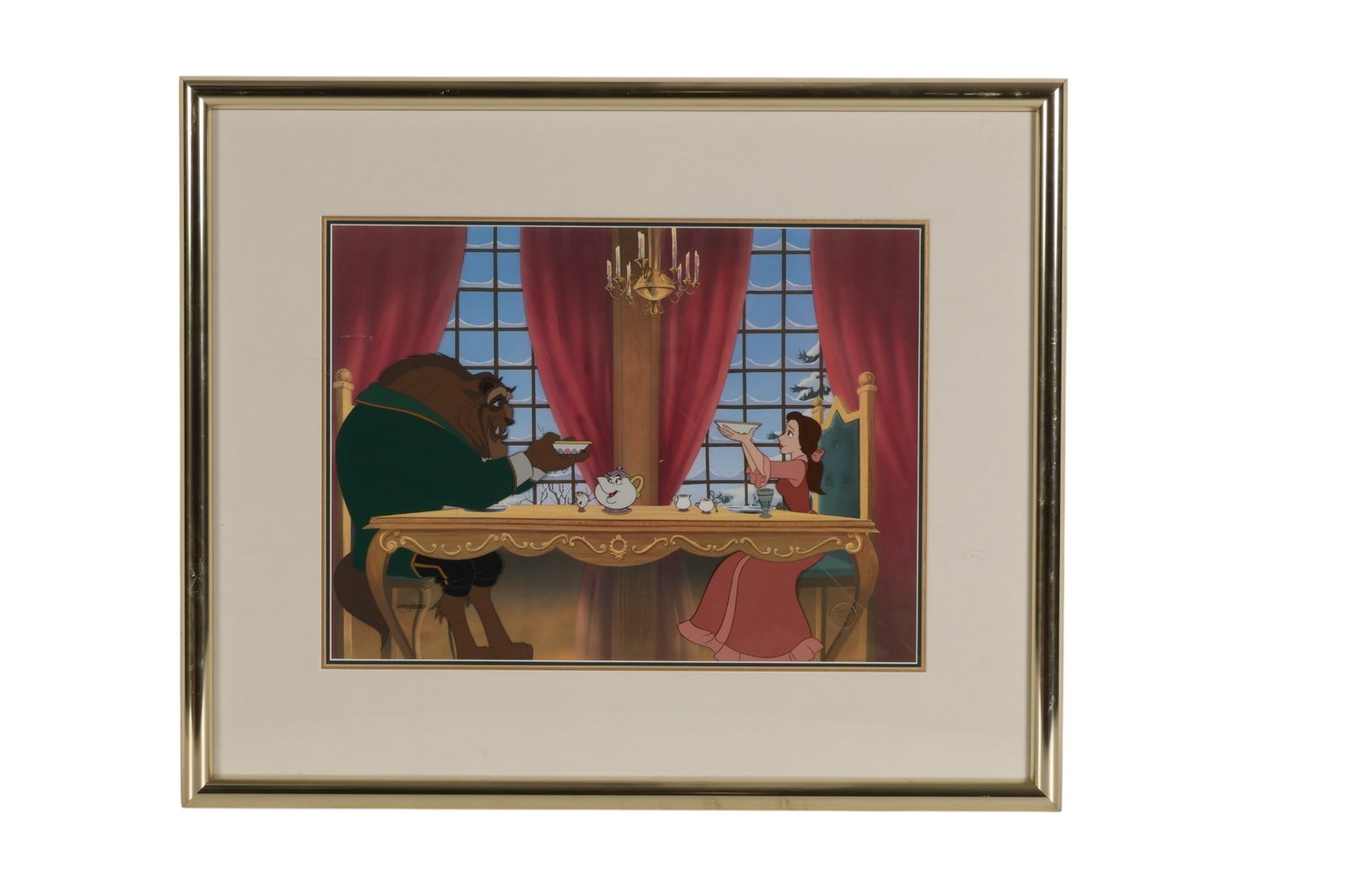 Disney Beauty and The Beast Animation Cel with COA: Walt Disney Company, hand painted animation cel depicting Belle and the Beast seated at a table in a scene from "Beauty and the Beast" with Mrs. Potts and Chip present. Numbered 290/500 and bearing th