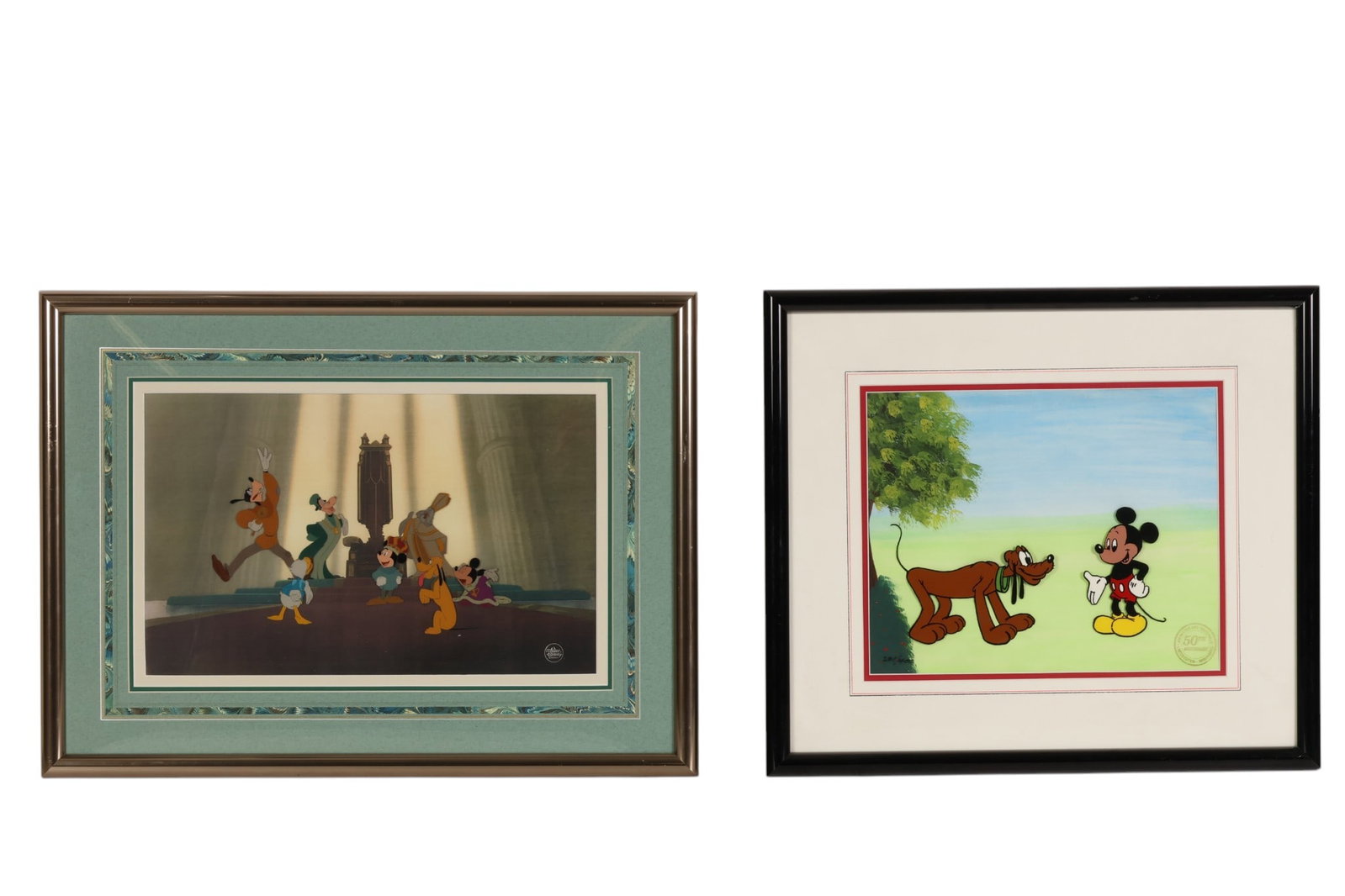 Disney Mickey Goofy Donald Pluto Serigraphs 2p LOT: Group of two Walt Disney limited edition serigraph cels. One depicting Mickey Mouse and Pluto, marked Animated Art 50th Anniversary Limited Edition Hand Painted, and numbered 201/400. The other is a F