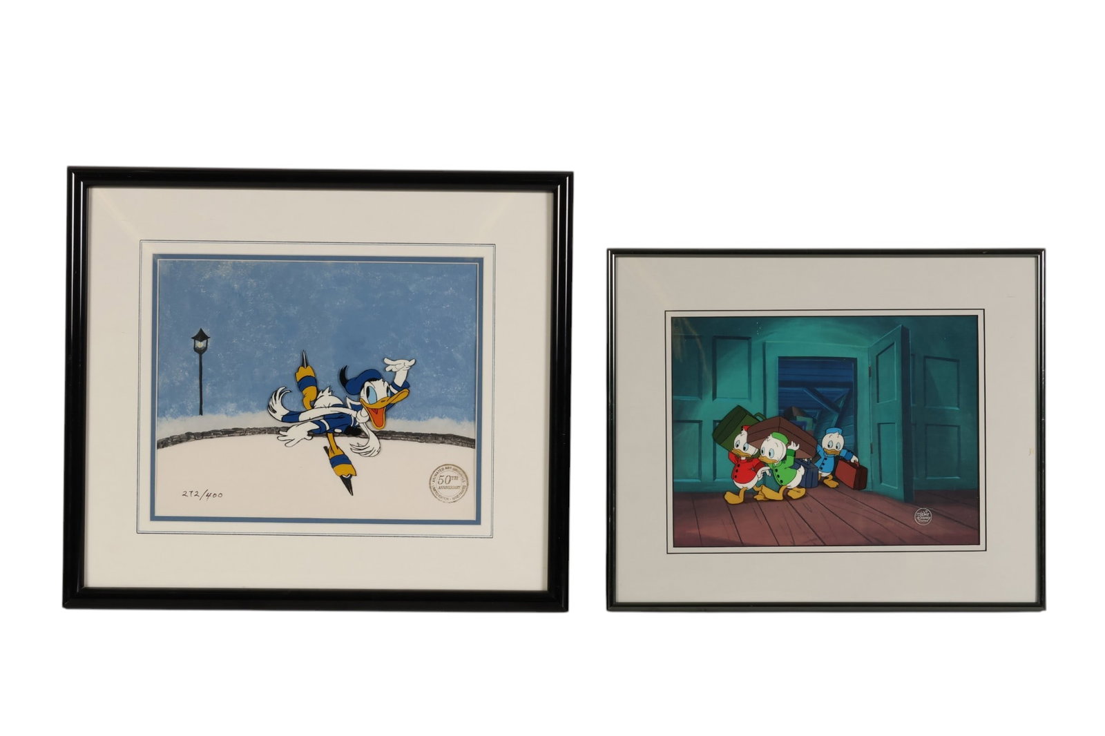 Disney Duck Tales and Donald Duck Colored Cel LOT: Walt Disney Company animation cels, lot of two. One depicts Huey, Dewey, and Louie carrying luggage in an interior scene from Duck Tales, bearing studio seal lower left and accompanied by descriptive 