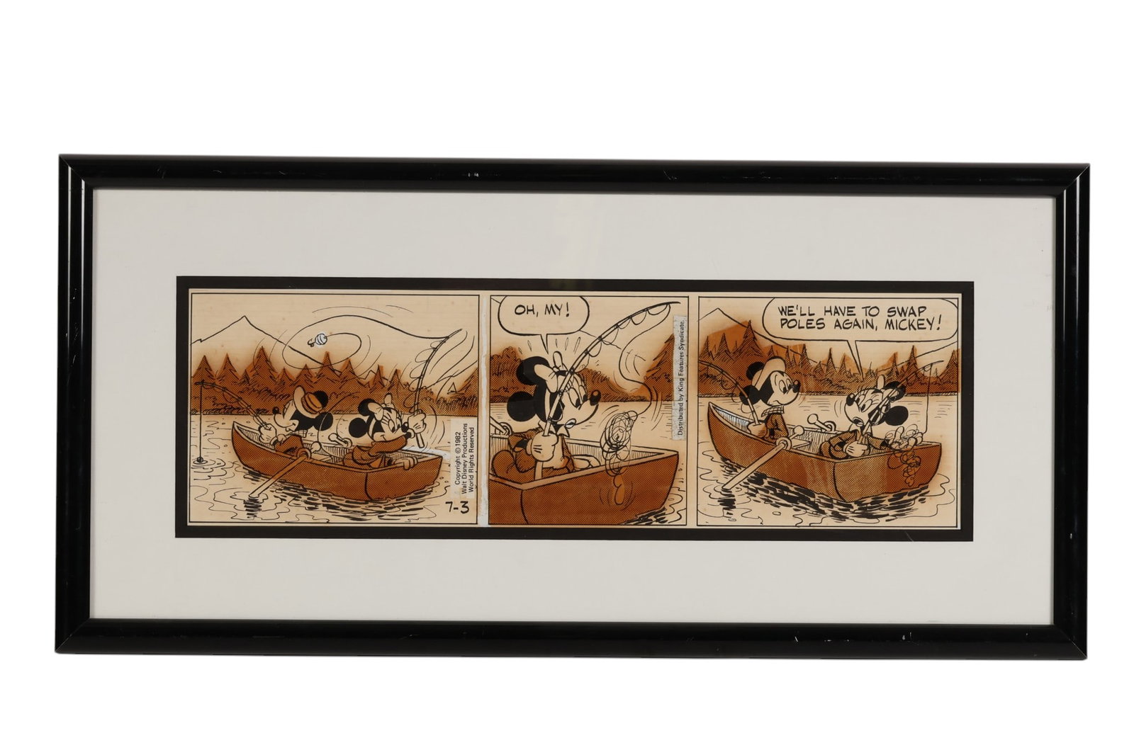 Disney Mickey and Minnie Mouse Comic Strip FRAMED: Walt Disney Company, comic strip artwork featuring Mickey and Minnie Mouse in a three panel fishing scene with printed dialogue. The charming composition showcases the beloved Disney characters in a h