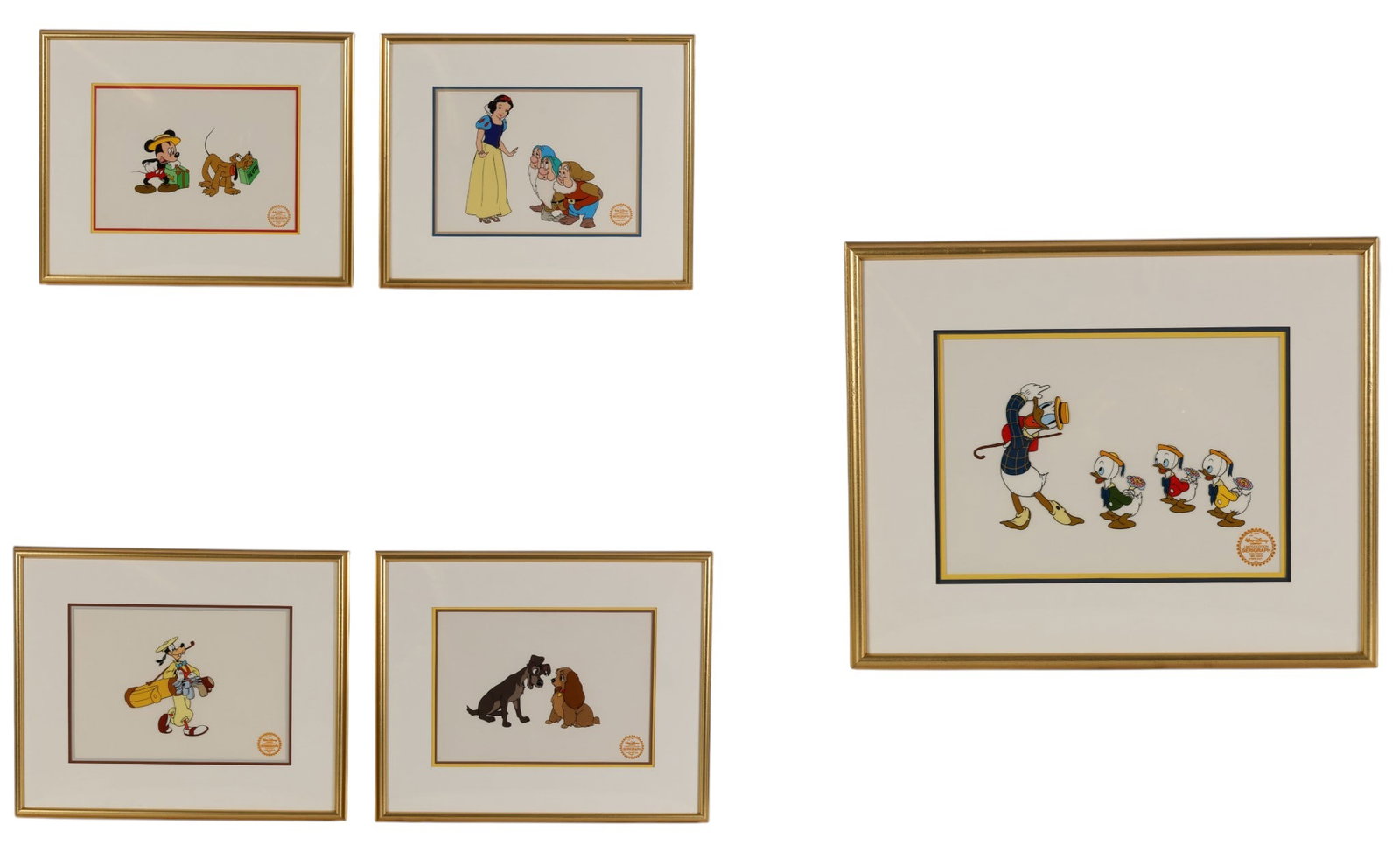 Classic Disney Serigraph Animation Cel 5 PIECE LOT: Lot of five The Walt Disney Company limited edition serigraph cels featuring Disney characters. Includes Snow White with three dwarfs, Donald Duck with Huey, Dewey, and Louie from Mr. Duck Steps Out, 