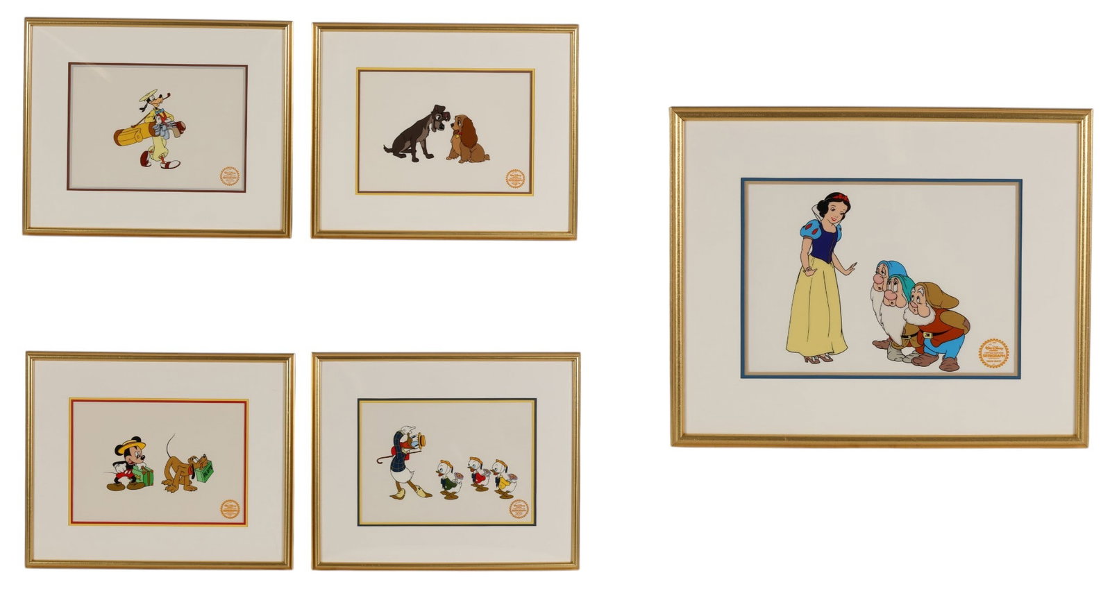 Classic Disney Serigraph Animation CeL 5 PIECE LOT: Lot of five The Walt Disney Company limited edition serigraph cels featuring Disney characters. Includes Snow White with three dwarfs, Donald Duck with Huey, Dewey, and Louie from Mr. Duck Steps Out, 