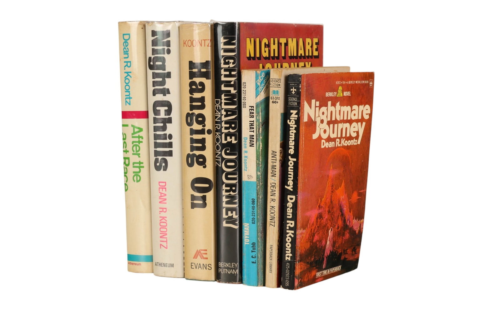 Dean Koontz b1945 Autographed Books 7pc ESTATE LOT: Estate collection of seven Dean R. Koontz (American, born 1945) volumes, including a 1970 first printing softcover of Anti-Man with author signature and note; 1969 softcover Fear That Man, signed by t