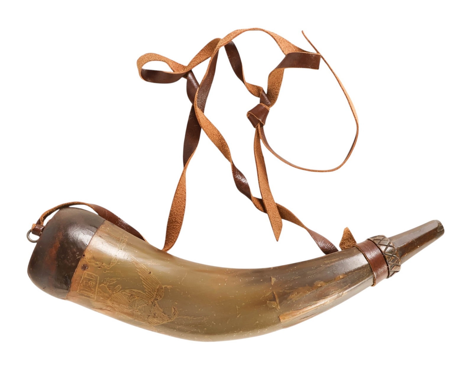 19C Early Engraved 1811 Eagle Motif Powder Horn: Antique 19th century powder horn featuring a carved natural horn body with engraved decoration, including an American-style eagle with shield, a sailing ship, and foliate elements, along with the insc
