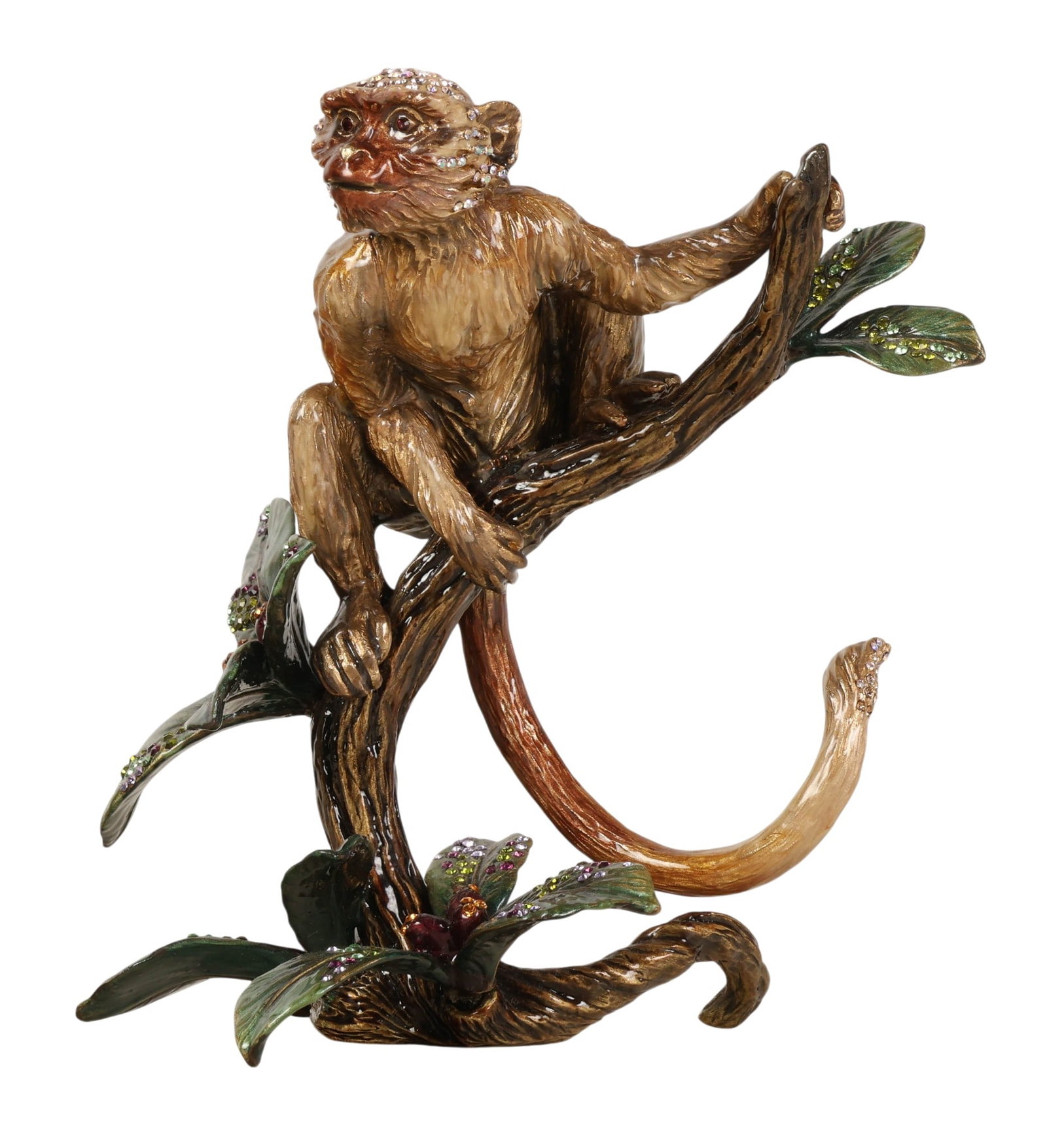 Jay Strongwater Jeweled Monkey on a Tree Figurine: Jay Strongwater bejeweled monkey figurine crafted in enameled bronze and adorned with hand-set crystals. The figure features finely detailed fur texture with sparkling crystal embellishments across th