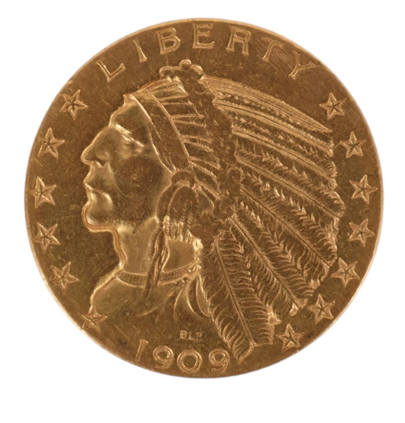 1909 $5 Gold US Indian Head Half Eagle 8.34 grams: An United States $5 gold Indian Head Half Eagle coin dated 1909, designed by Bela Lyon Pratt. The obverse features a left facing Native American profile wearing a feathered headdress surrounded by thi