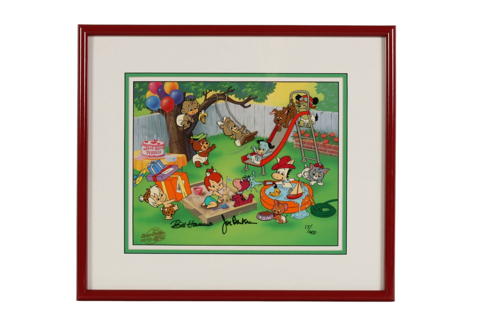 Hanna Barbera Pebbles Party Animation Cel SIGNED: Hanna-Barbera (William Hanna (American, 1910-2001) and Joseph Barbera (American, 1911-2006)), Pebbles Birthday Party, limited edition hand-painted animation cel featuring beloved Flintstones character