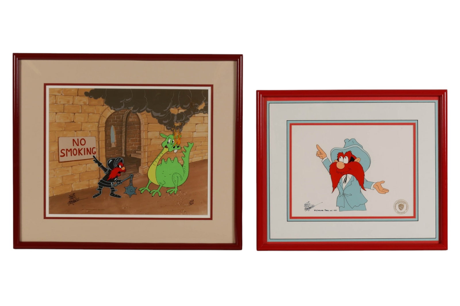 Fritz Freleng Yosemite Sam Animation Cel 2pc. LOT: Friz Freleng (American, 1906-1995), two limited edition hand-painted color animation cels of Yosemite Sam featuring classic Warner Bros. characters. One cel, titled No Smoking Yosemite Sam and Dragon,