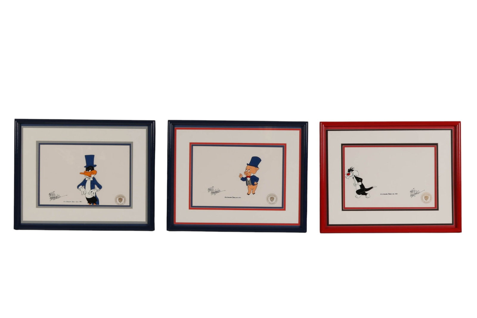 Fritz Porky Pig Daffy Sylvester Animation Cel LOT: Friz Freleng (American, 1906-1995), three limited edition hand-painted animation cels featuring Warner Bros. characters Porky Pig, Daffy Duck, and Sylvester. Each cel is signed Friz Freleng and bears 
