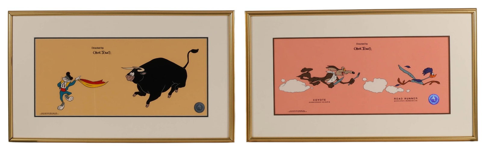 Bugs Bunny Roadrunner Serigraph Animation Cel LOT: Lot of two Chuck Jones for Warner Bros limited edition serigraph animation cels titled Beep Beep and Bully for Bugs, featuring Wile E. Coyote, Road Runner, and Bugs Bunny. The works are produced by Li