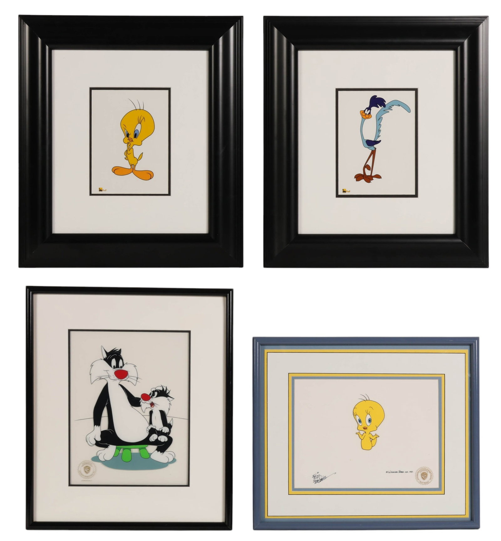 Freling Sylvester Tweety Roadrunner Cel 4pc. LOT: Lot of four Warner Bros. animation cels featuring Tweety, Sylvester, and the Road Runner, including two Tweety examples, one Sylvester with kitten composition, and Road Runner II. One Tweety cel is ha